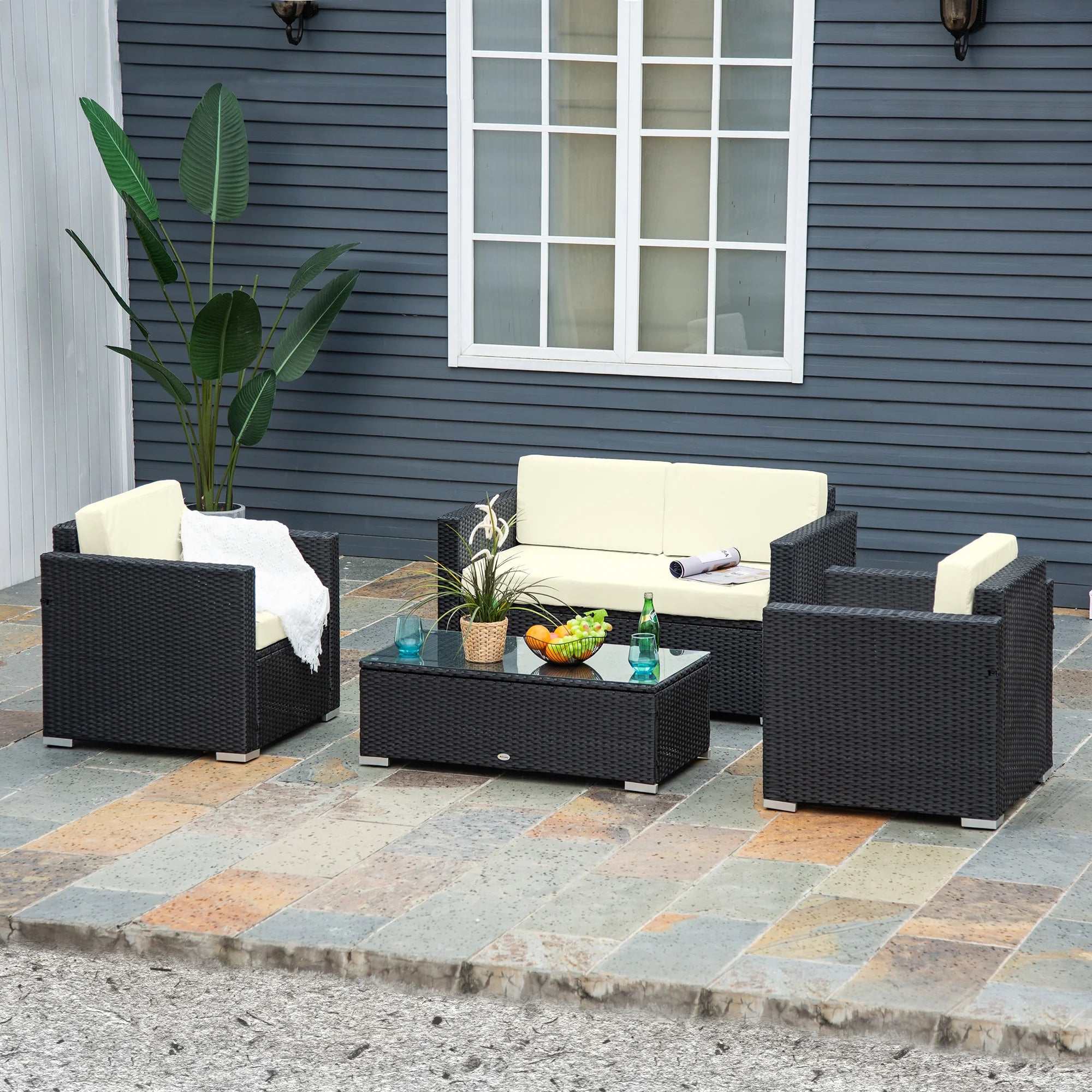 4 Piece PE Rattan Outdoor Sofa Set with Cushions Glass Top Coffee Table and Steel Frame for Garden Patio and Conservatory