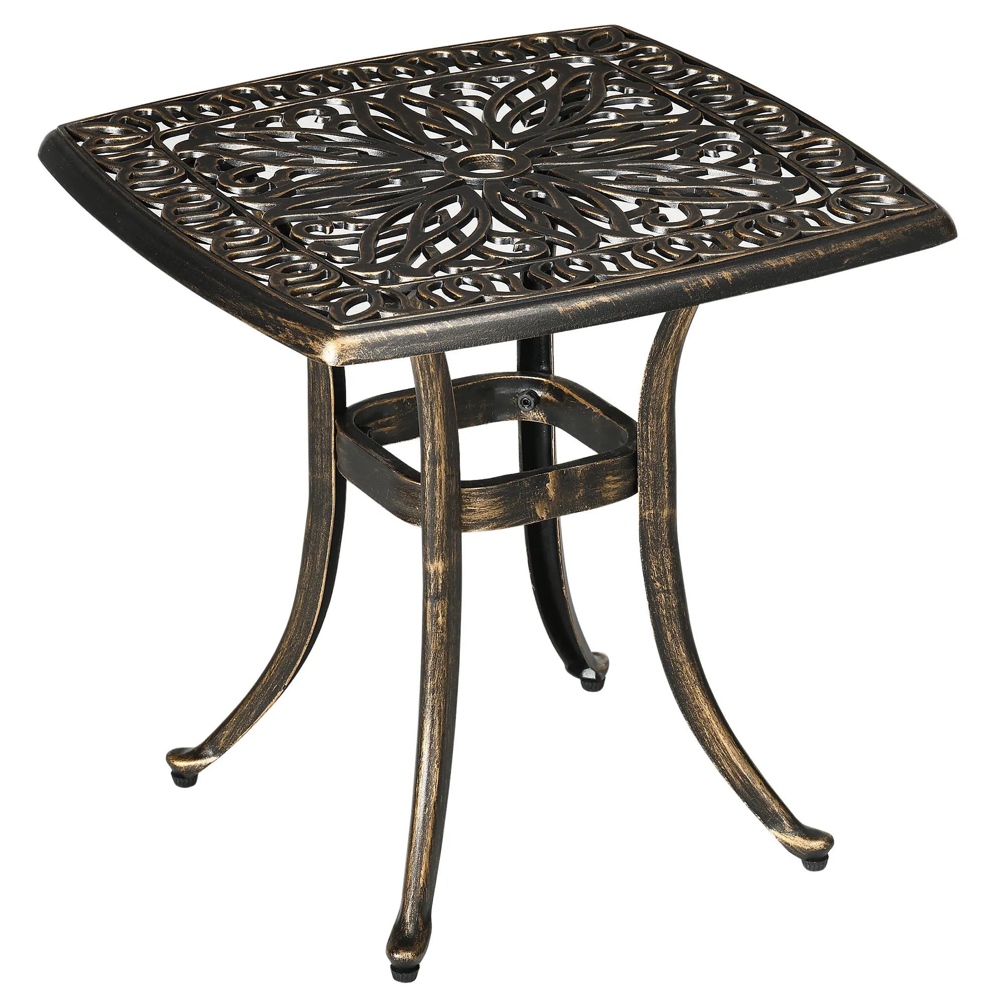 Cast Aluminium Garden Table 54x54cm with Umbrella Hole Outdoor Patio Side Table Bronze Weather Resistant