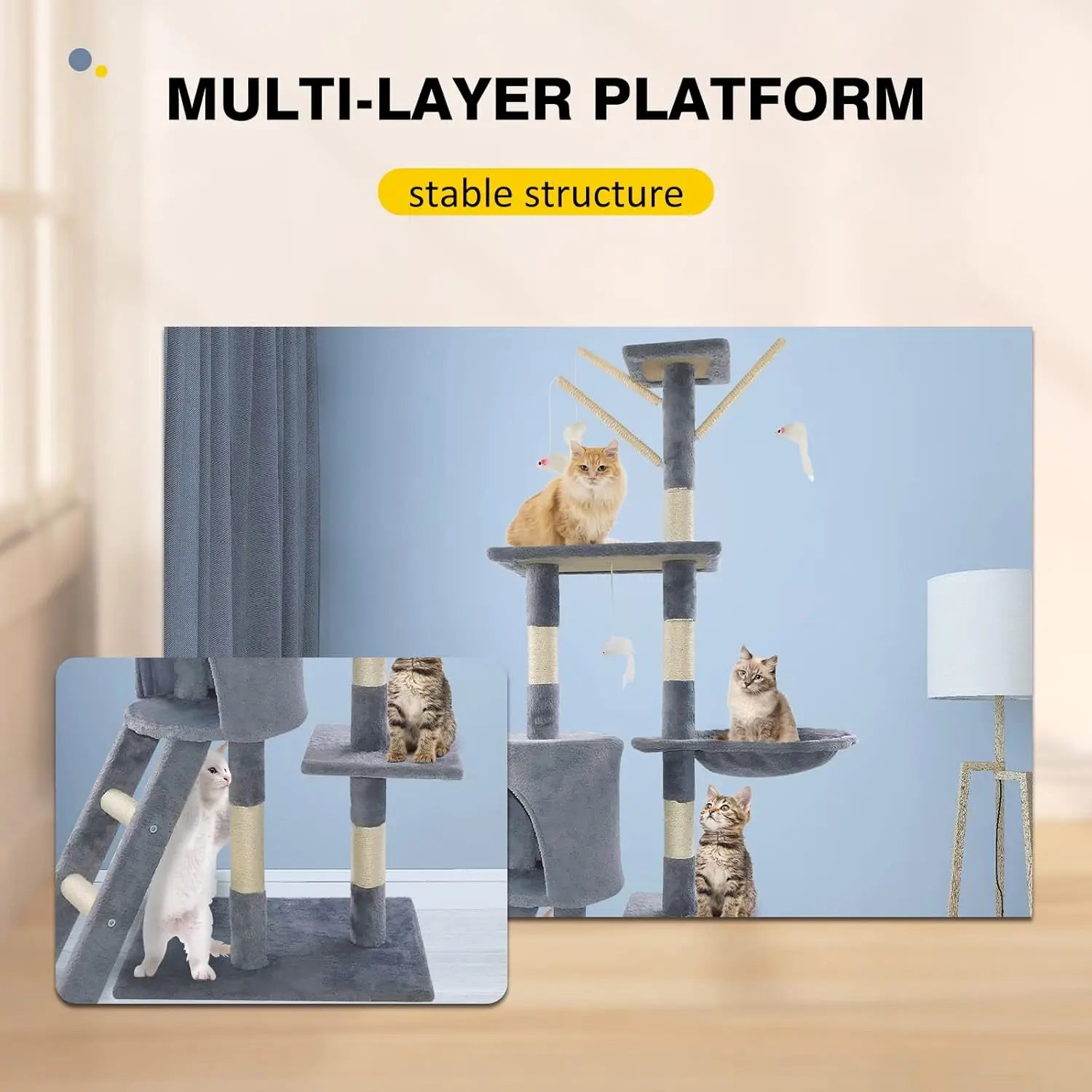 DayPlus 140cm Cat Tree Tower Scratching Post Hammock Cat House Indoor Outdoor Grey