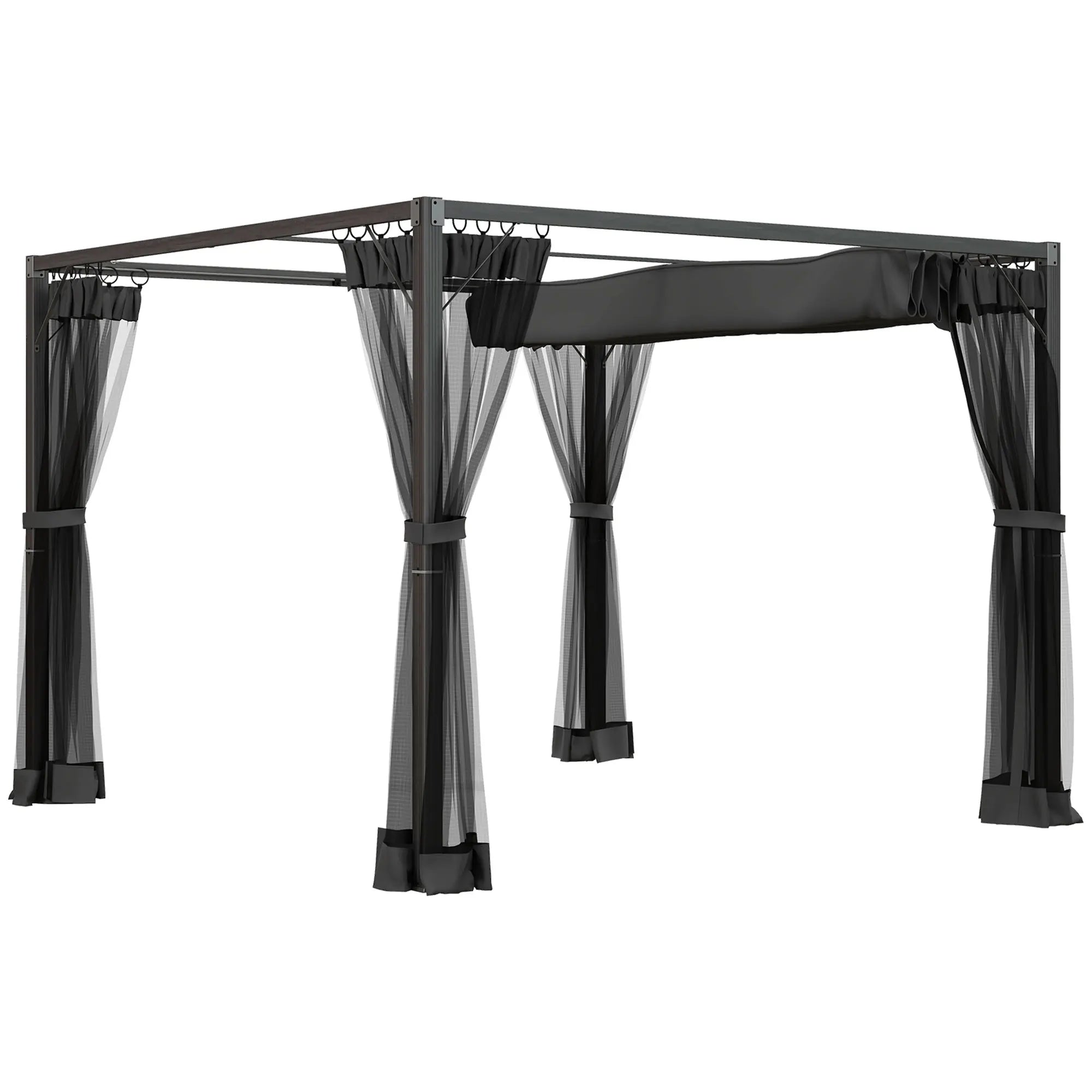 4 x 3m Aluminium Pergola with Retractable PA-Coated Canopy, Mosquito Netting and Ground Stakes