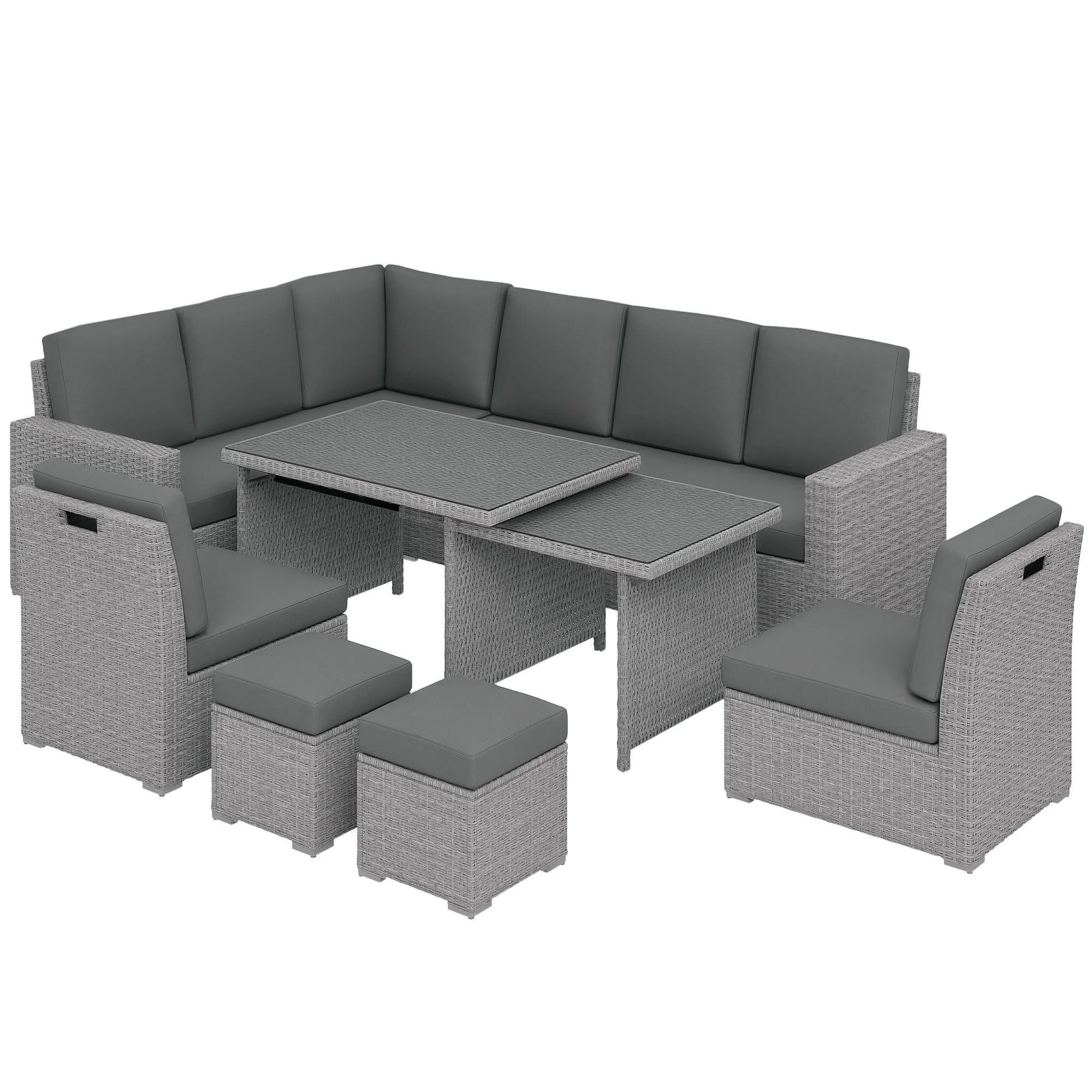 10 Seater Rattan Dining Set with Expandable Table Nesting Chairs Corner Sofa and Cushions for Garden Patio