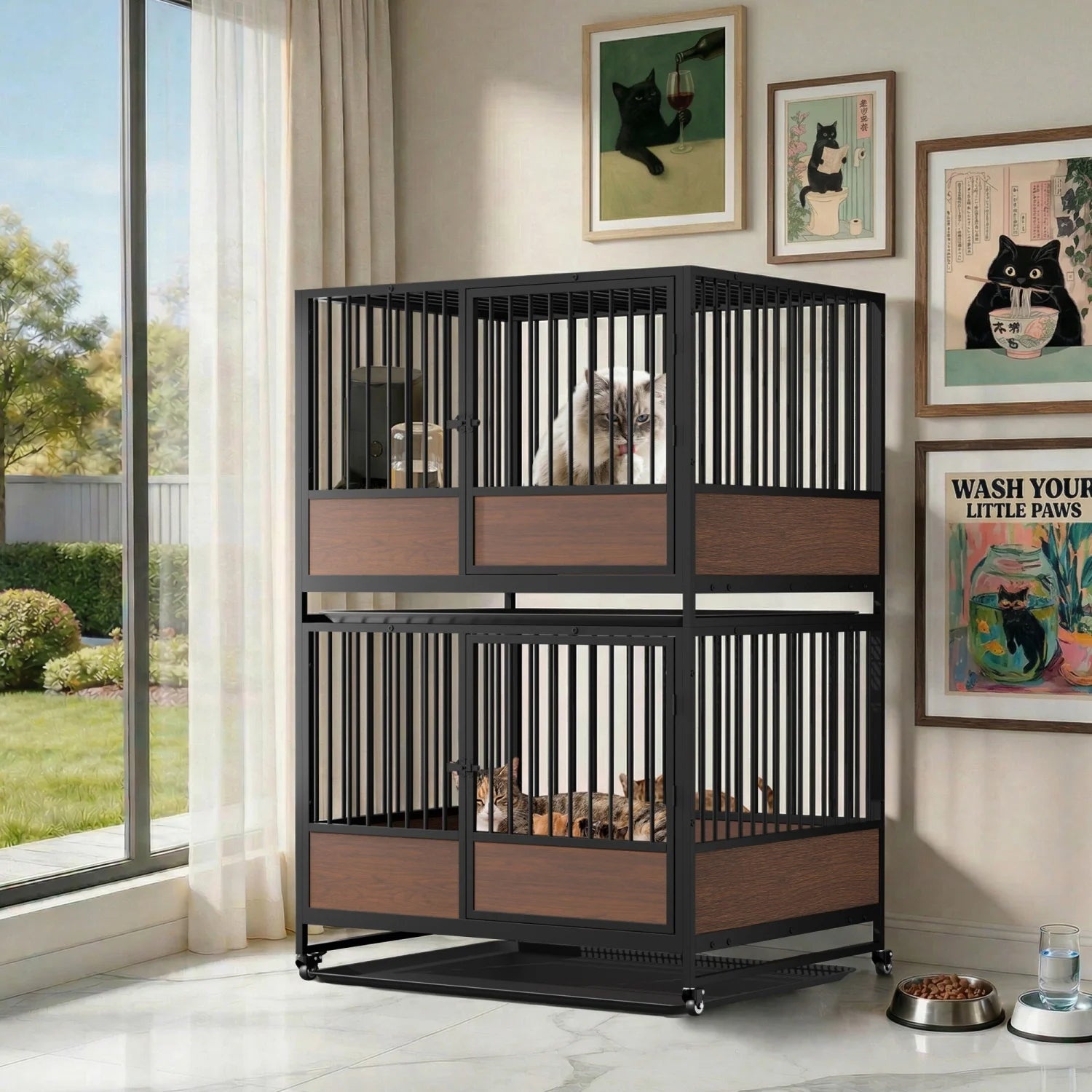 BINGOPAW Heavy Duty Dog Cat Crate Cage Kennel Stackable 2 in 1 Removable Tray Rolling Wheels