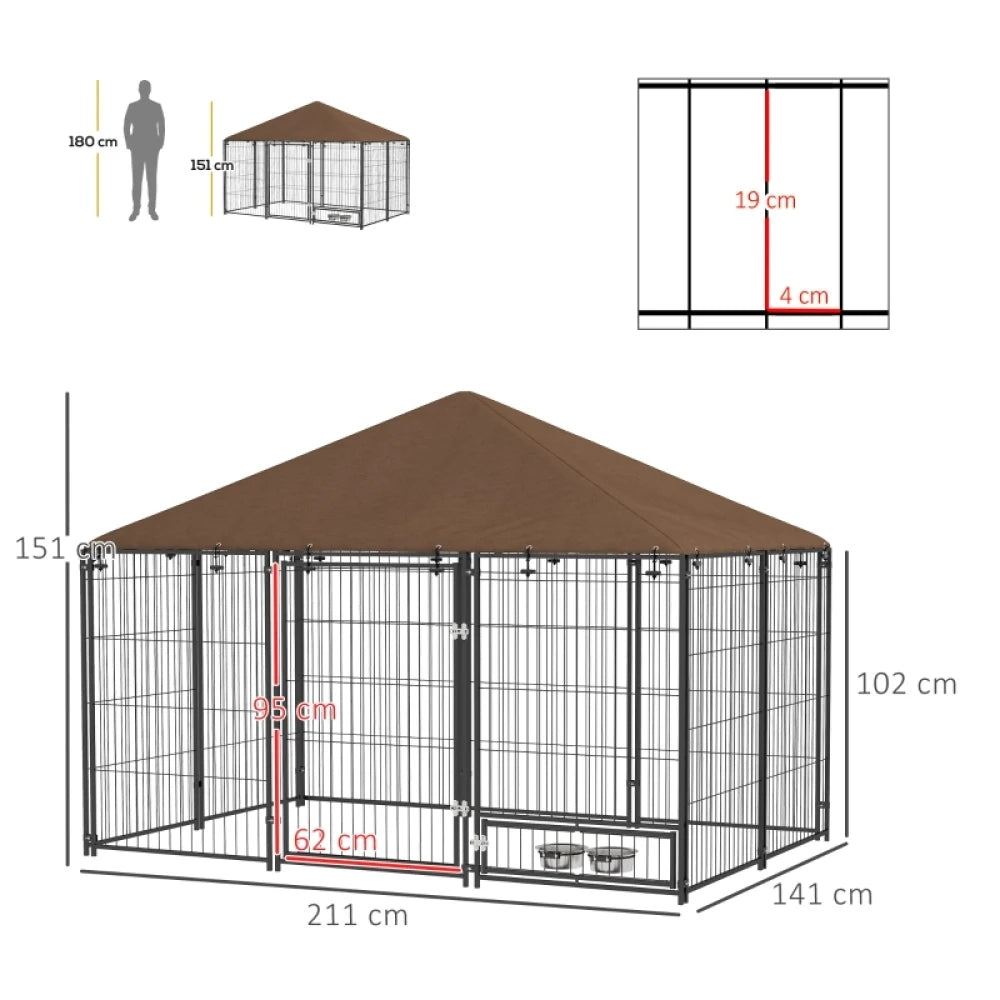 Outdoor Dog Kennel 211x141x151cm Puppy Playpen with Canopy Rotating Bowl Garden Fence Enclosure Brown