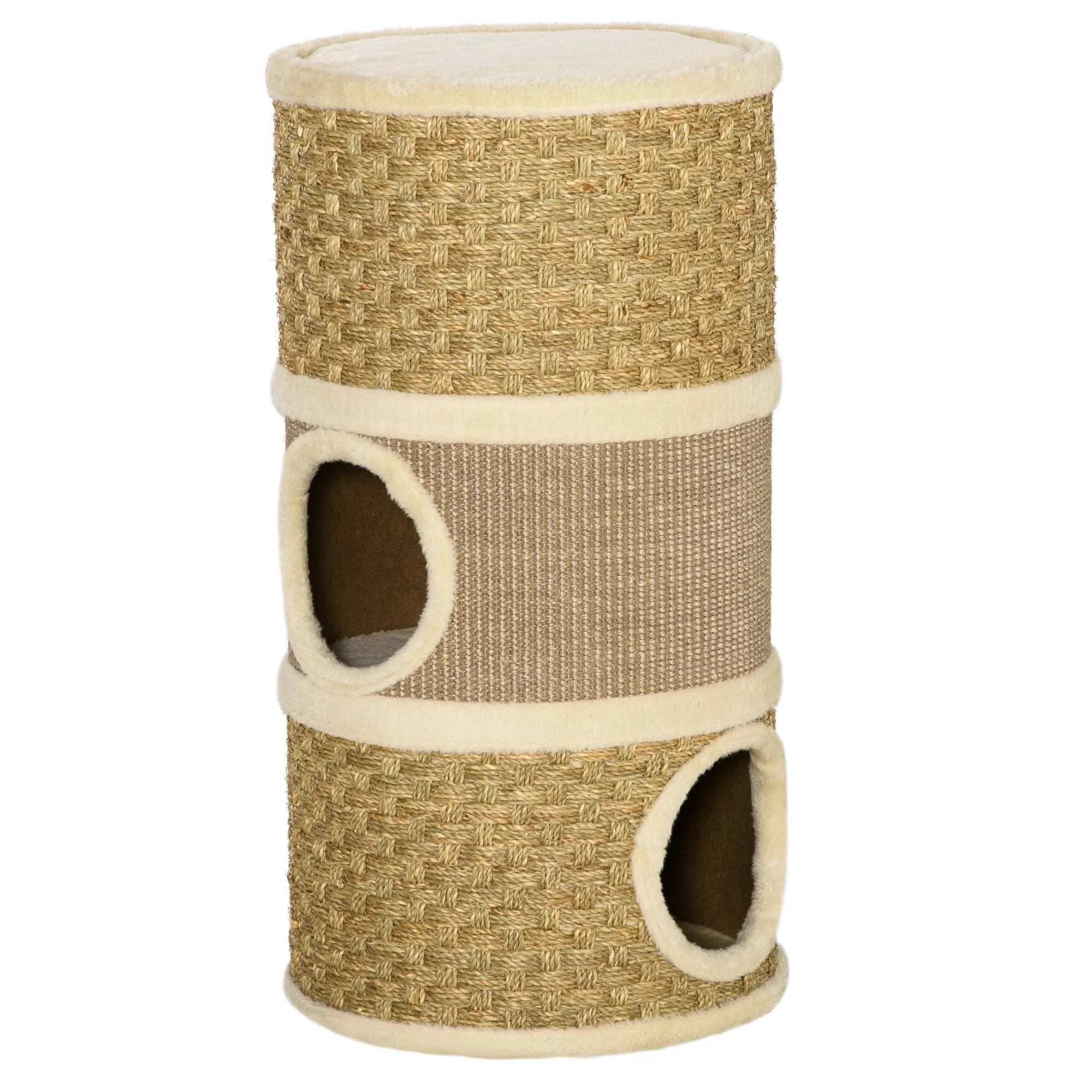 Cat Scratching Barrel Kitten Climbing Frame with Three Dens Sisal Seaweed Rope and Soft Plush Platform for Cats under 4kg