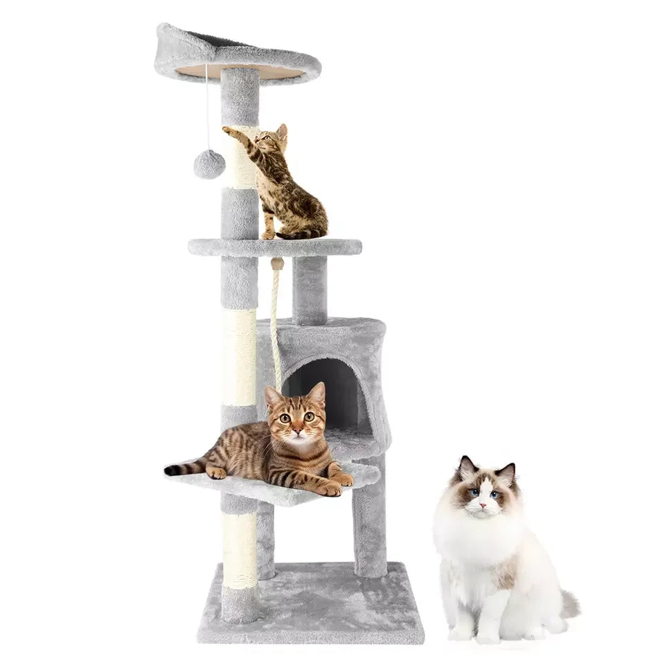 3 Tier Cat Treehouse Climbing Frame Tower Apartment 112cm Scratching Posts Platforms Cave Grey