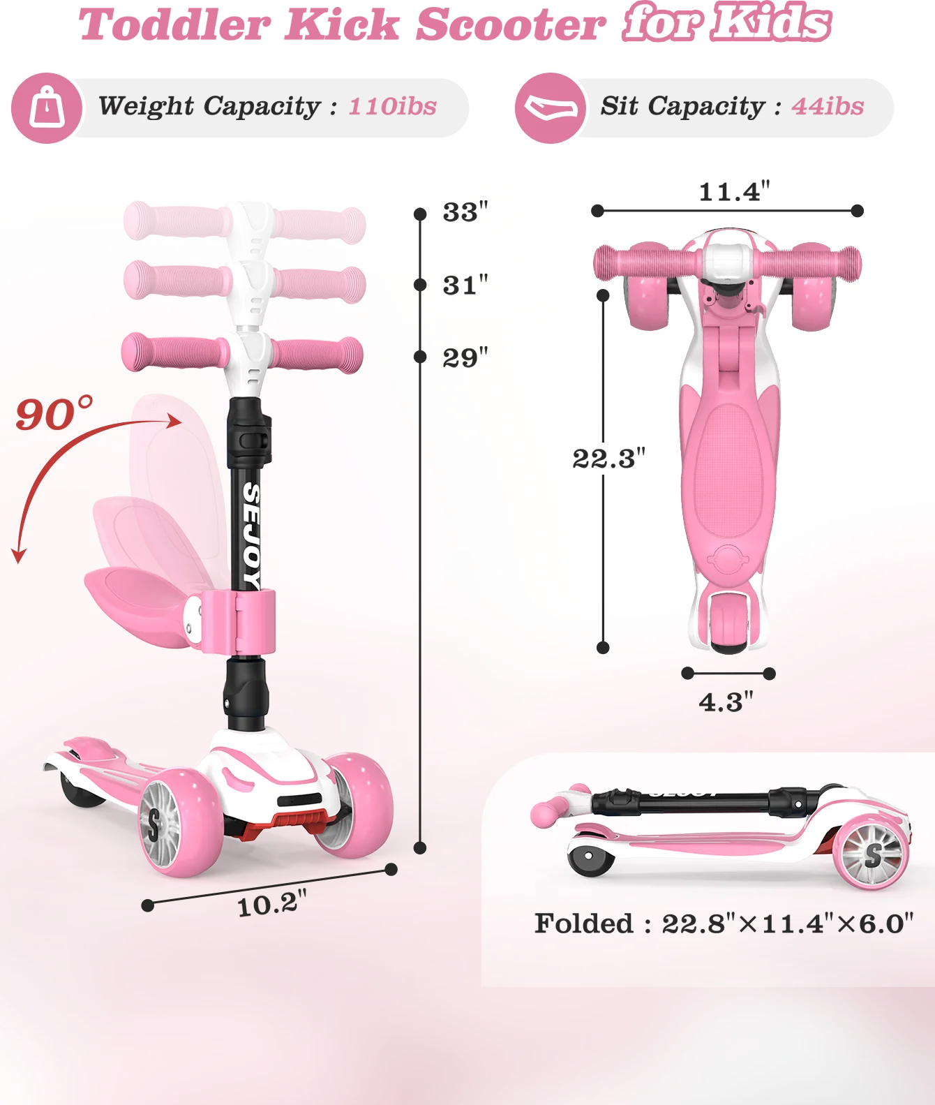 Kids Scooter with LED Wheels Adjustable Height 3 Wheel Ride On Scooter