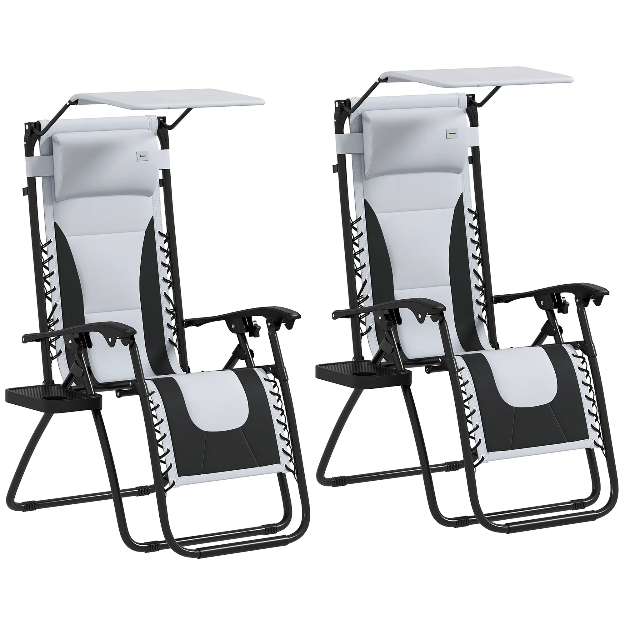 Set of 2 Zero Gravity Folding Lounger Chairs with Canopy, Cup Holder Tray and Removable Headrest