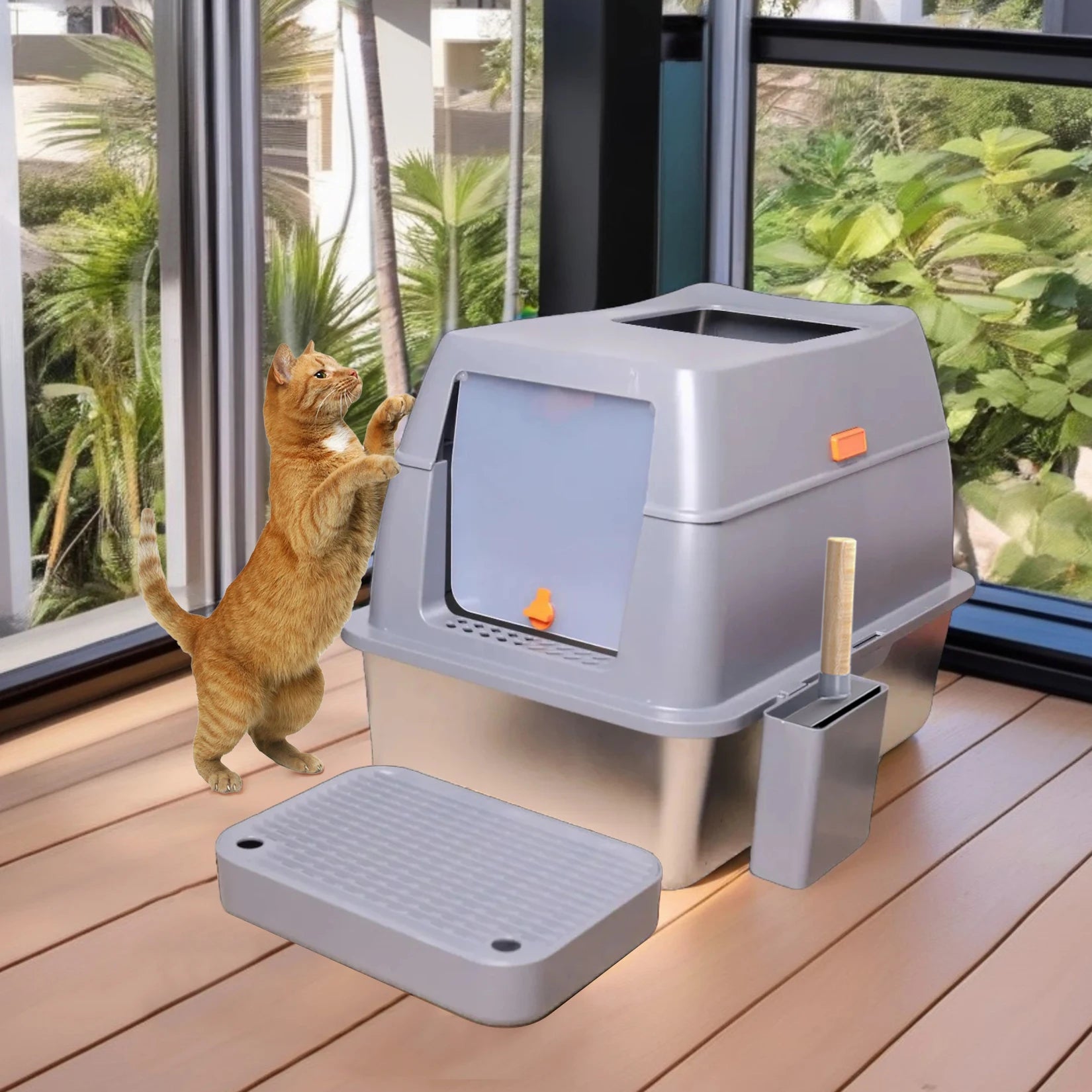 Extra Large Enclosed Stainless Steel Cat Litter Box 40x60x40.5cm Front Top Entry Lid Scoop Durable