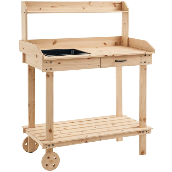 Wooden Garden Potting Bench with Sink, Drawer and Wheels