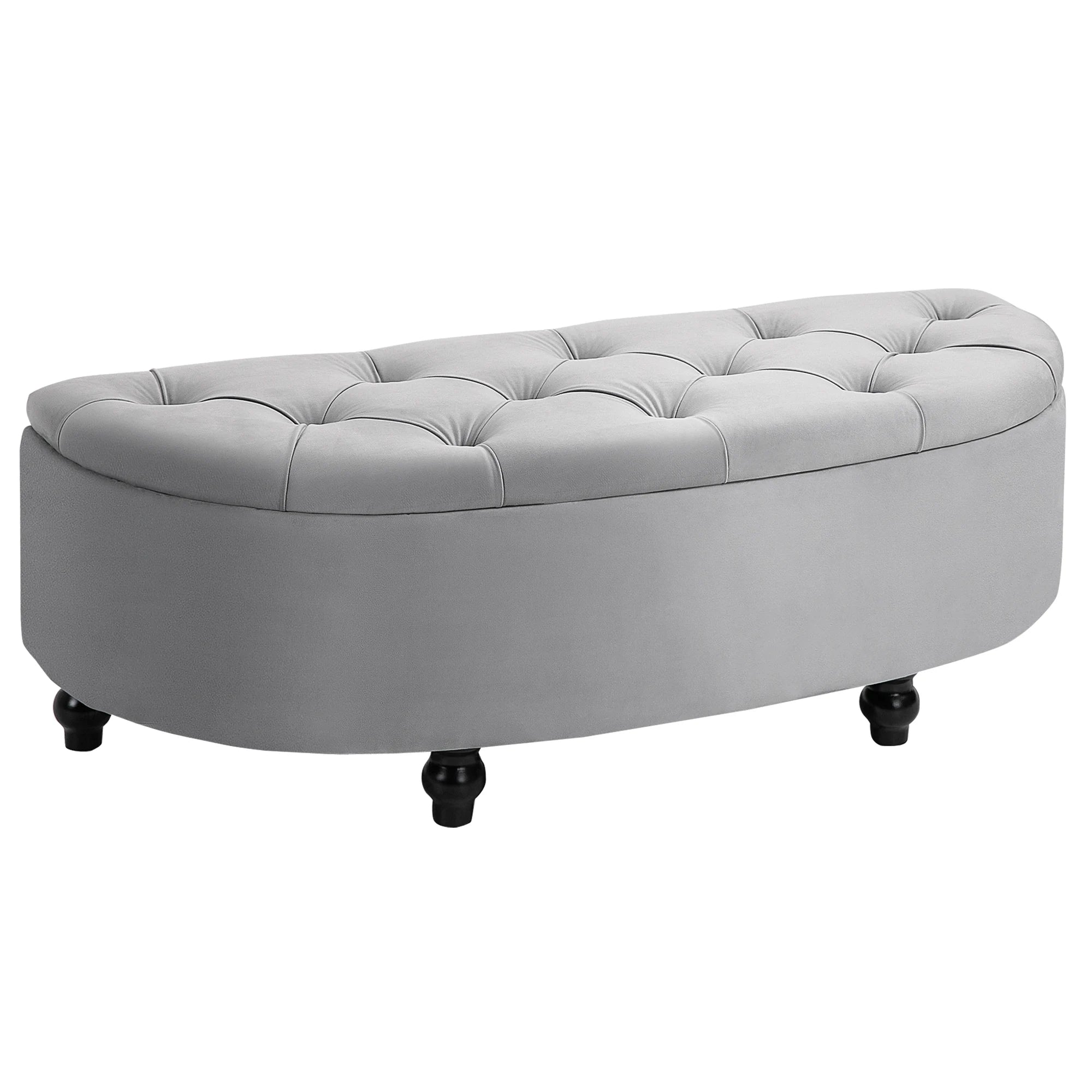 Semi-Circle Velvet Storage Ottoman Bench with Tufted Lid and Carved Wood Legs | Hallway Living Room Footrest