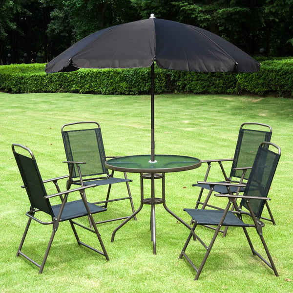6 Piece Garden Dining Set with Parasol, Outdoor Patio Furniture with 4 Folding Chairs & Round Tempered Glass Table, Black