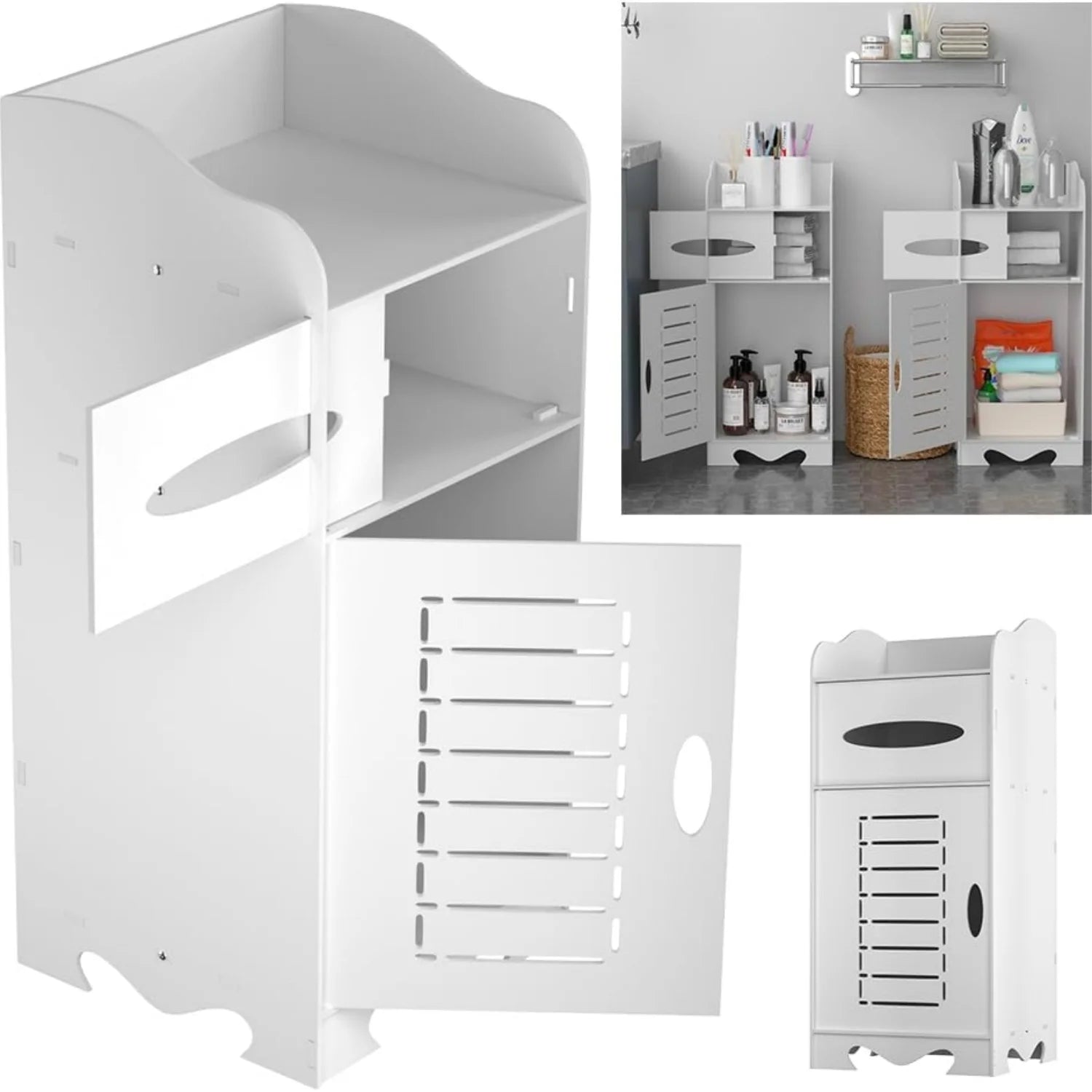 White Waterproof PVC Bathroom Storage Cabinet with Door and Shelves | Freestanding Floor Unit for Bathroom Kitchen Laundry