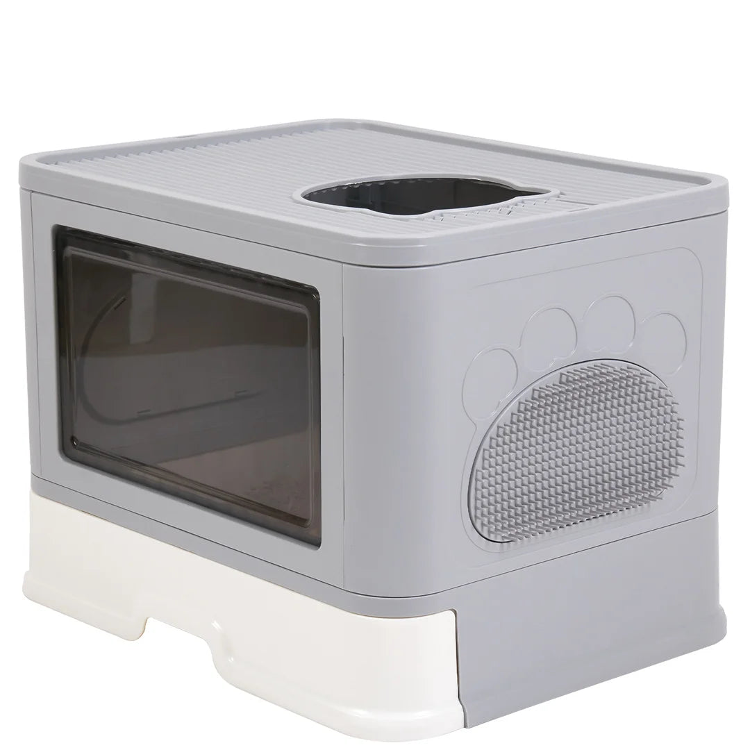 Enclosed Cat Litter Box Foldable 50x38x37cm Front Entry Top Exit Drawer Massager Scoop Grey White