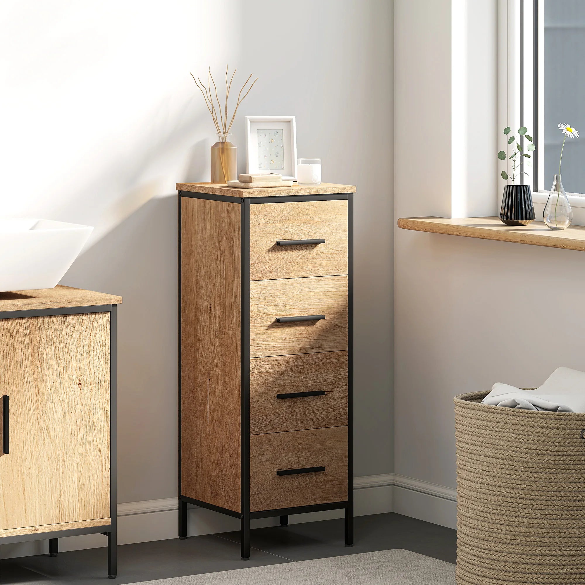 Narrow Oak Bathroom Storage Cabinet with 4 Drawers | Slim Industrial Style Organiser for Small Spaces 30x30x82cm