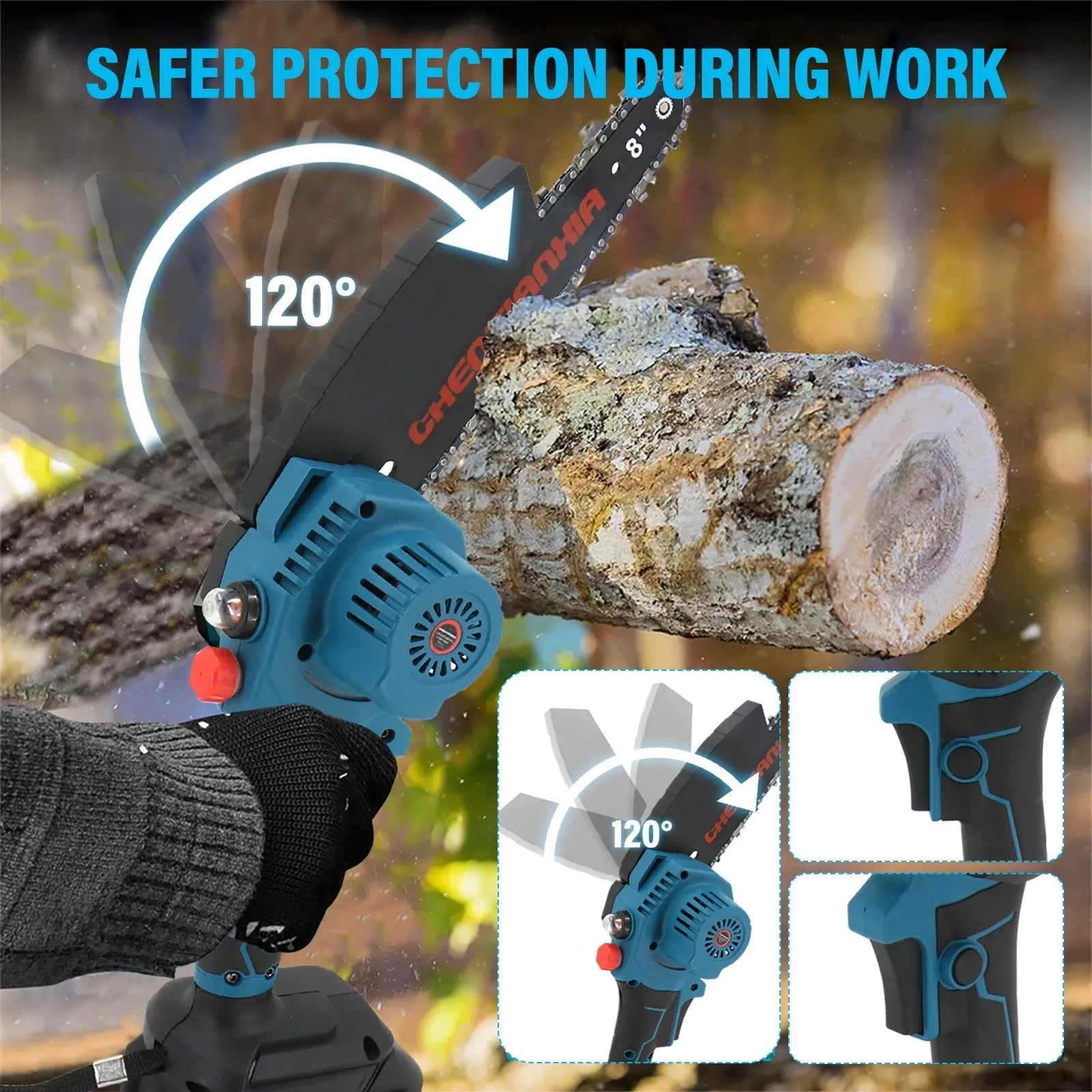 8 Inch Cordless Mini Chainsaw Brushless Motor 2 Batteries Safety Lock Lightweight for Garden Wood Cutting Pruning