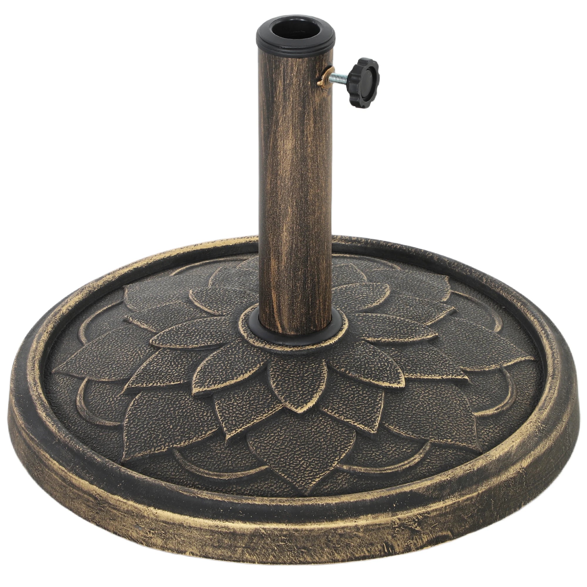 12kg Round Resin Parasol Base Heavy Duty Garden Umbrella Stand Lotus Design Fits 32-48mm Poles Bronze Tone