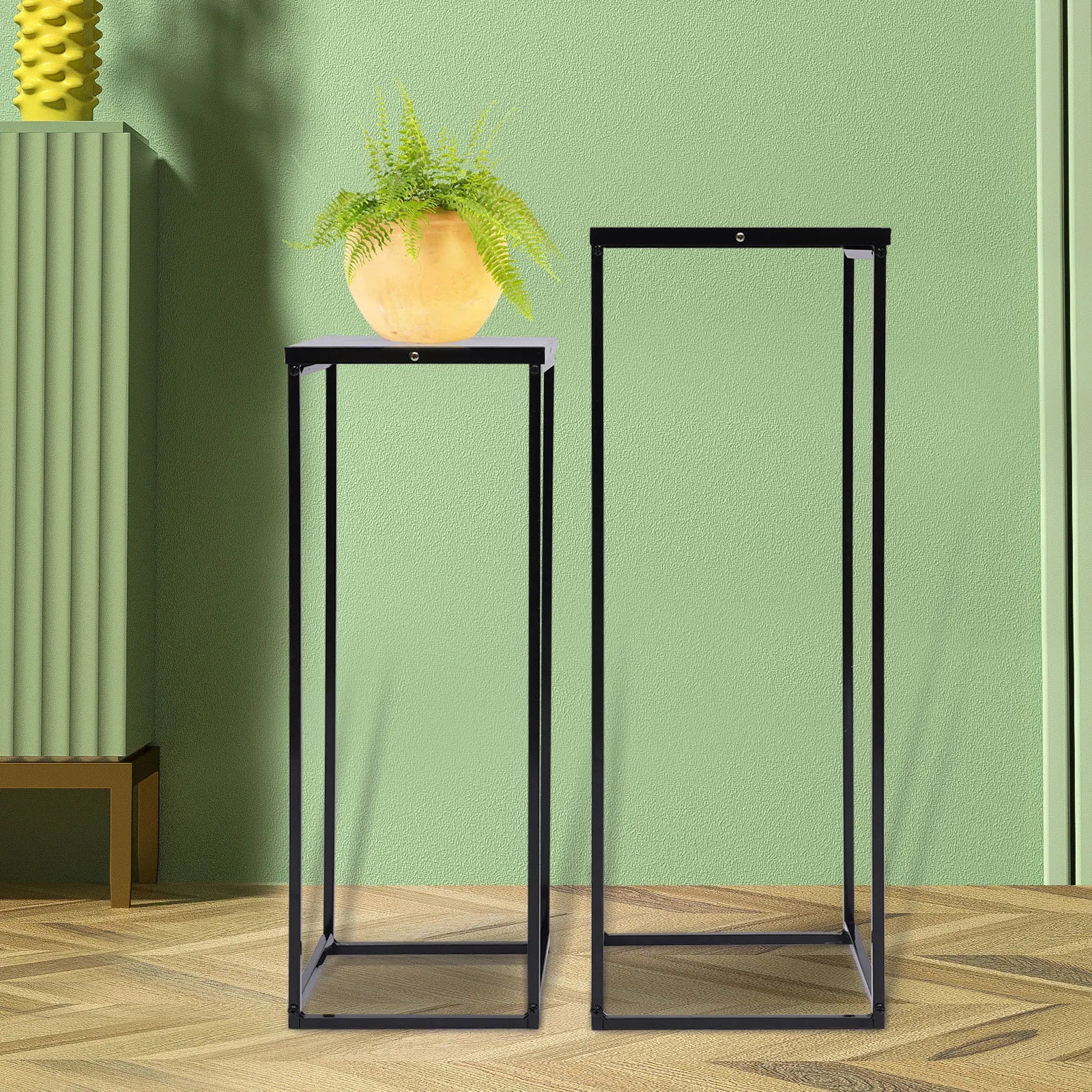 Set of 2 Black Metal Square Plant Stands 22x22x60cm and 25x25x70cm for Patio Garden Living Room Decor