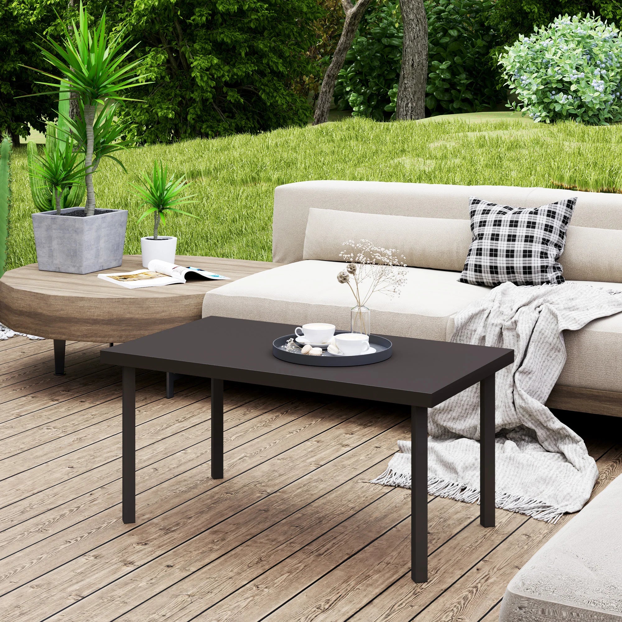 Outdoor Garden Coffee Table 95x55cm Metal Frame Wood Grain Effect Tabletop Weather Resistant Brown