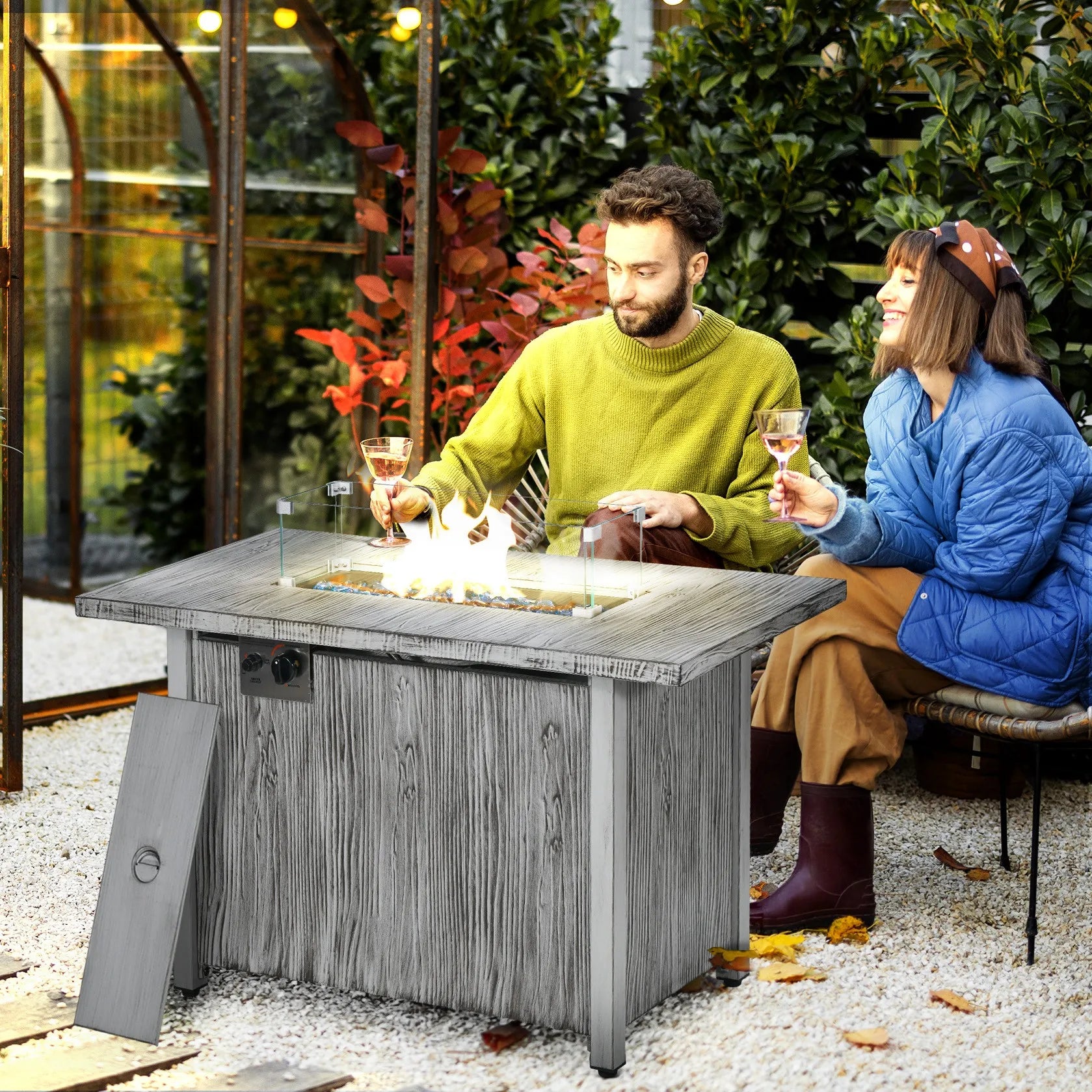 Propane Gas Fire Pit Table 50000 BTU Outdoor Patio Heater with Glass Beads Rain Cover Seats 4-6 Grey