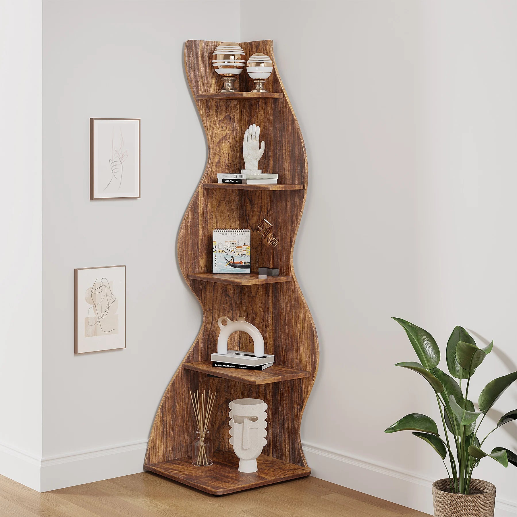 5-Tier Rustic Corner Wall Bookshelf with Sea Grass Design | Vintage Brown Corner Shelf Plant Stand