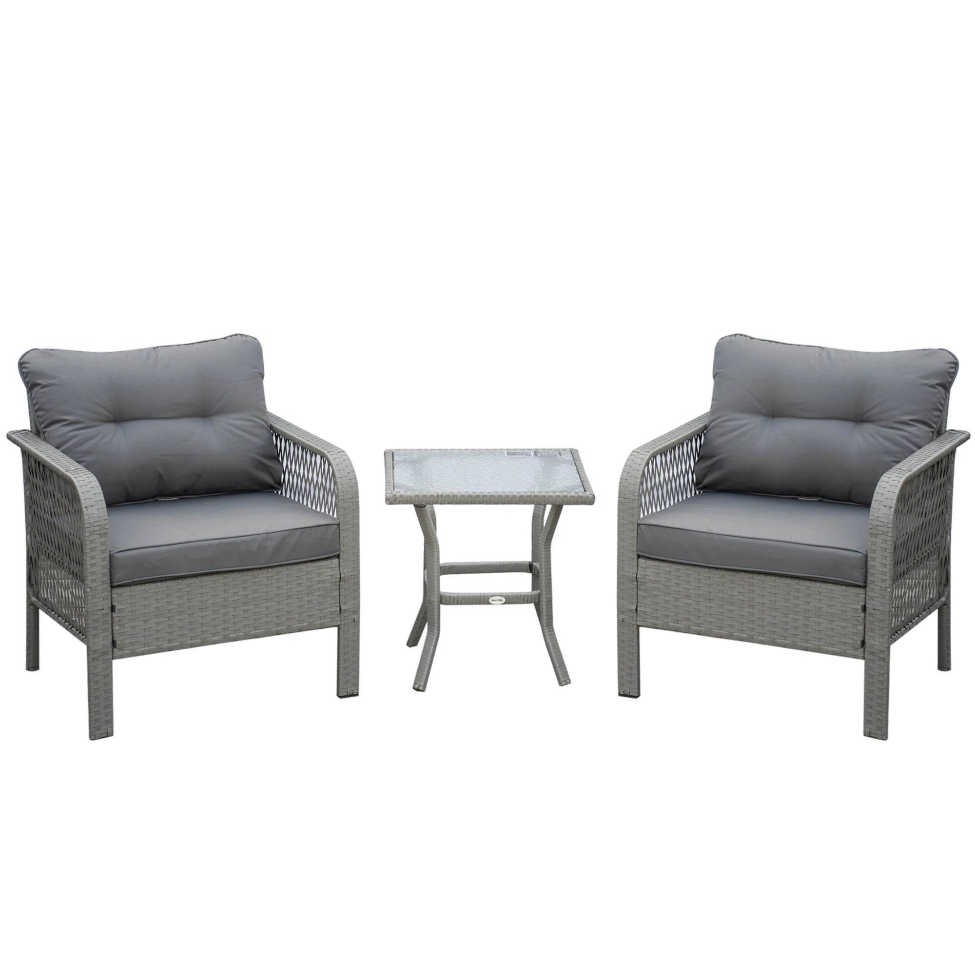 3-Piece Rattan Bistro Set with Tempered Glass Table and Cushioned Armchairs