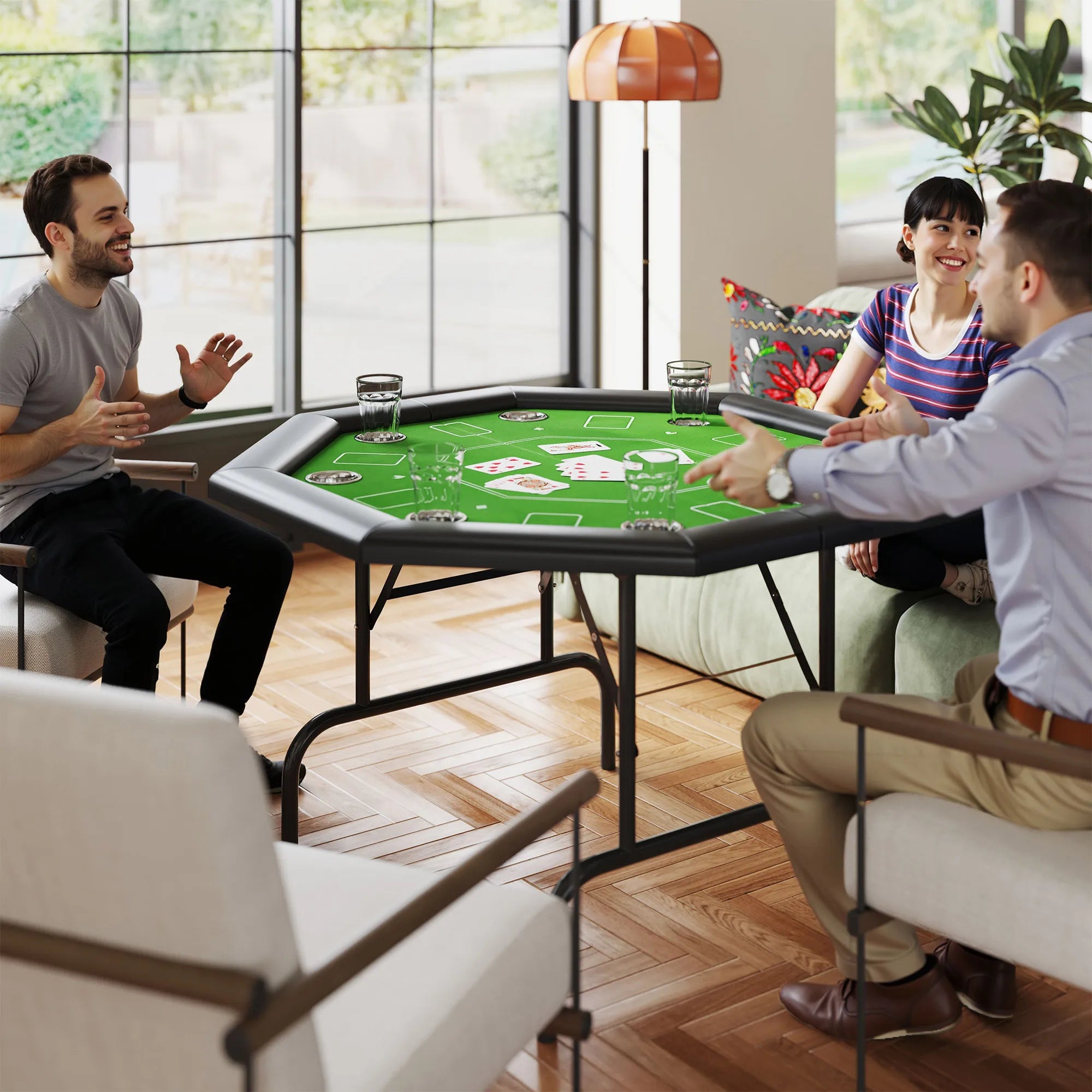 8 Player Folding Poker Table 120x120cm Octagon Felt Surface with Cup Holders Padded Edge Green Black