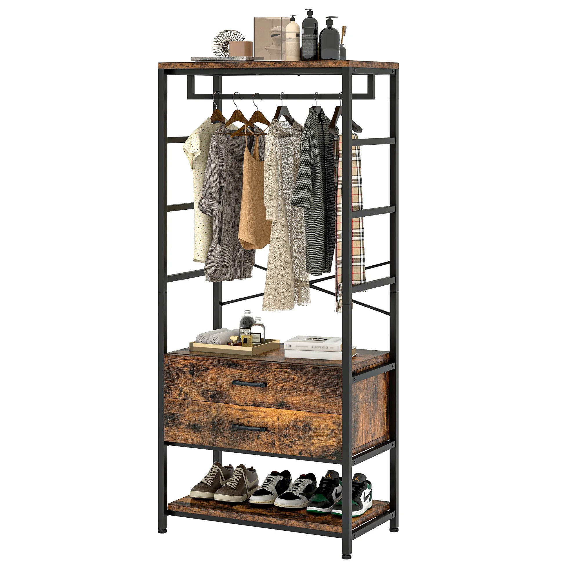 Industrial Coat Rack with Shoe Storage, Drawers and Clothes Rail Hall Tree