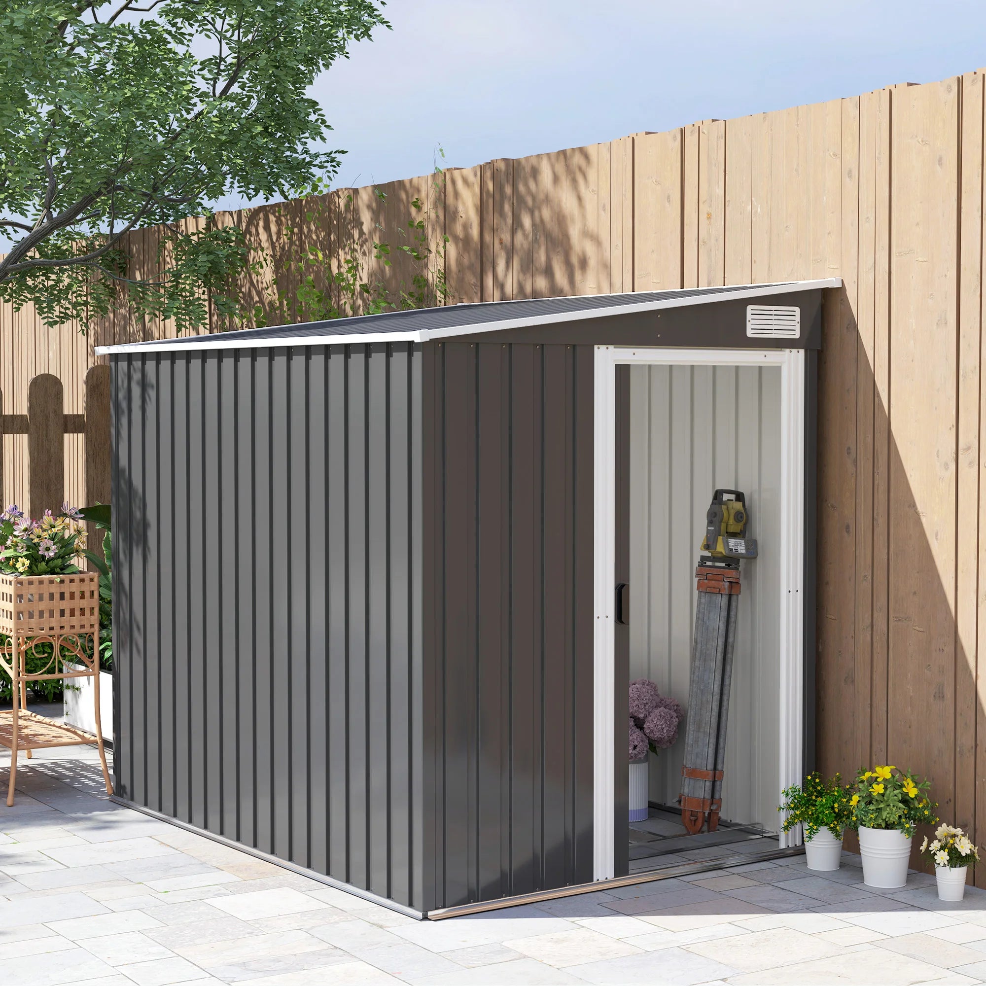 7 x 5ft Galvanised Metal Lean-To Garden Shed with Sliding Door, Foundation, Shelves and Vents
