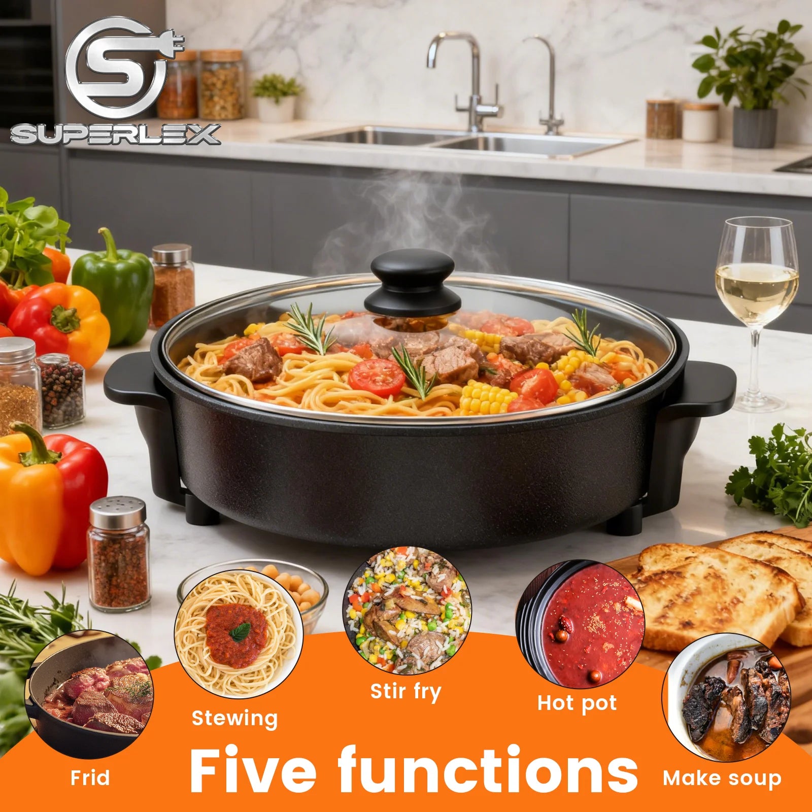 42cm Multipurpose Electric Cooking Pot 1500W Non-Stick with 5 Speed Settings Adjustable Temperature and Tempered Glass Lid