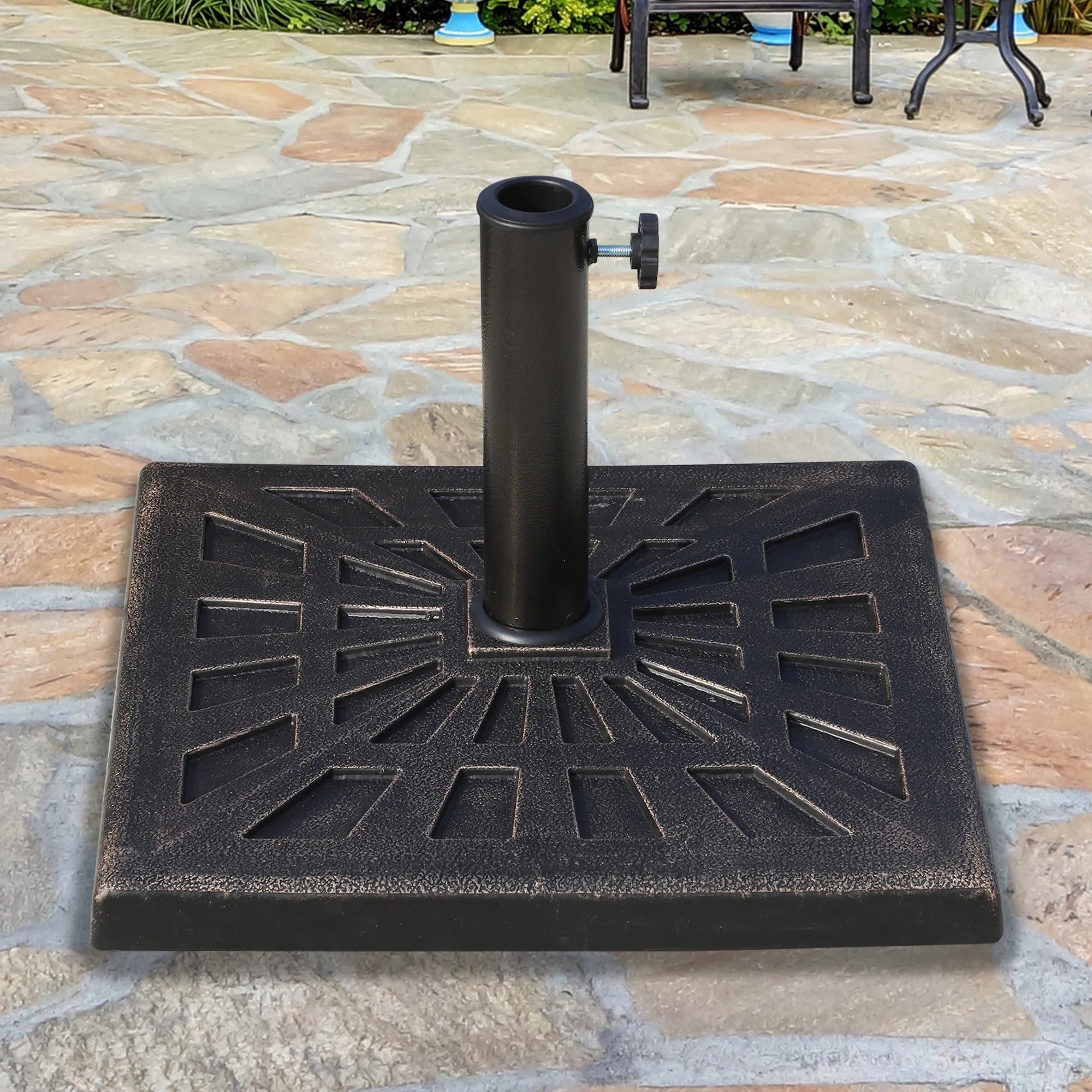 15kg Square Resin Parasol Base Garden Umbrella Stand Patterned Bronze Fits 38mm and 48mm Poles Outdoor Patio