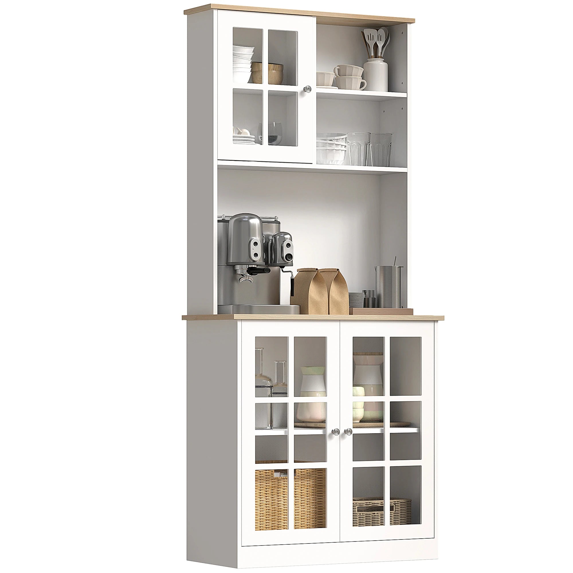 Tall Kitchen Sideboard Cabinet with Glass Doors 72 Inch Storage Cupboard with Shelves