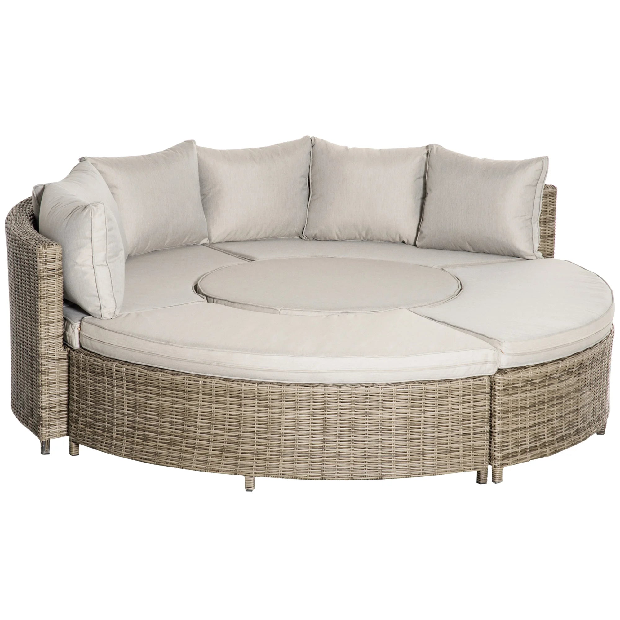 5 Piece PE Rattan Round Garden Daybed with Cushions Height Adjustable Table Aluminium Patio Sofa Lounge Set
