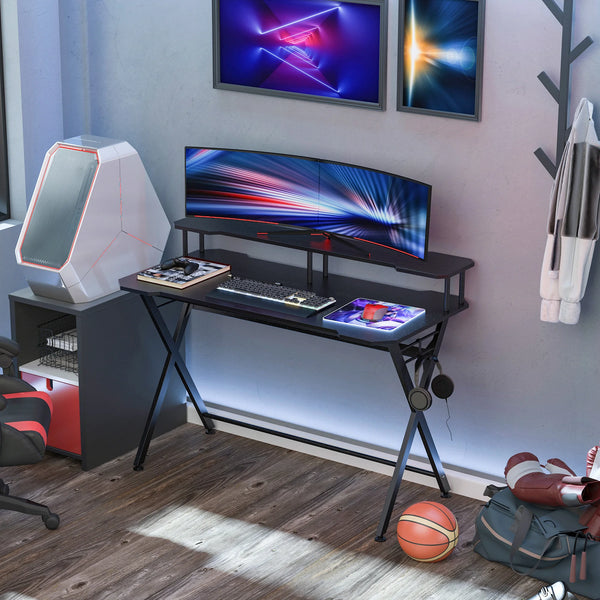 140cm Gaming Desk with Monitor Shelf and Headphone Hook, Black