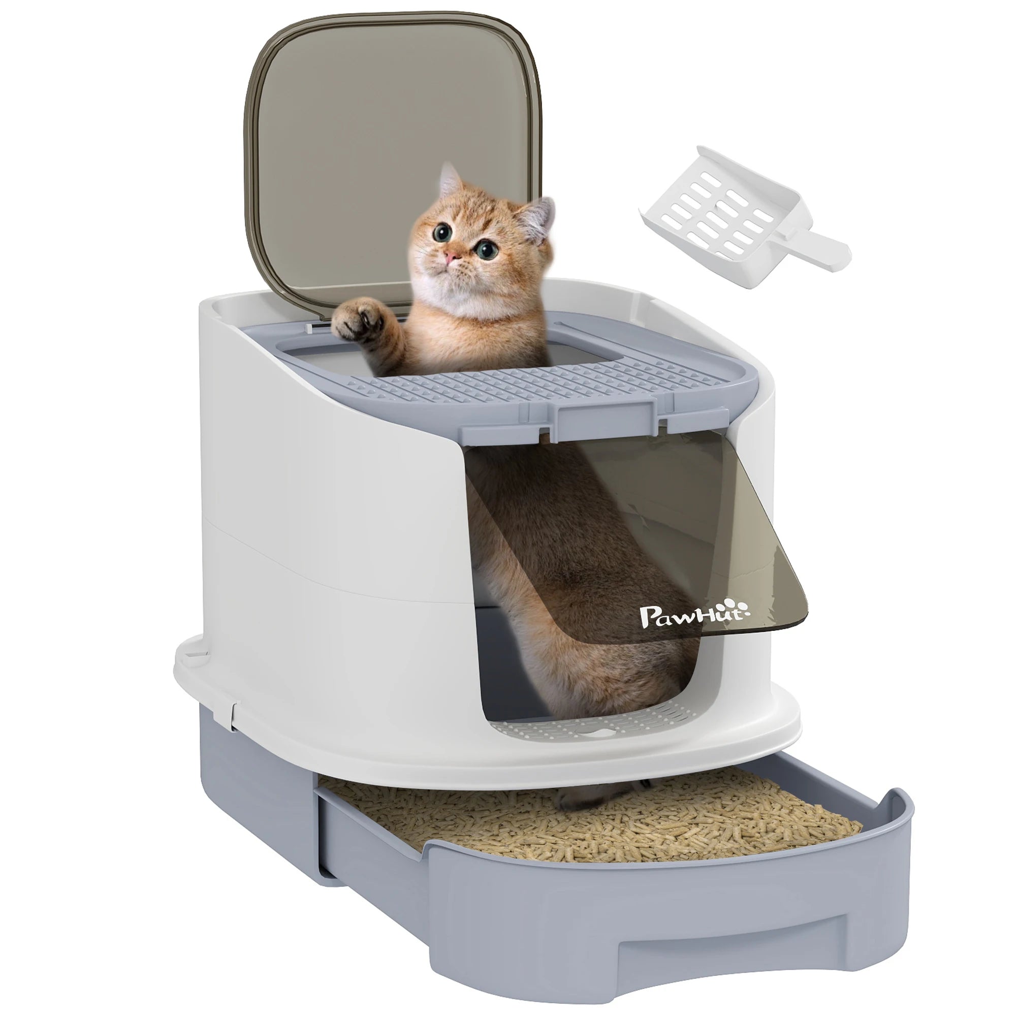 Hooded Cat Litter Box with Lid Top Exit Pull-Out Drawer Two Deodorisation Bags and Scoop for Cats under 5kg