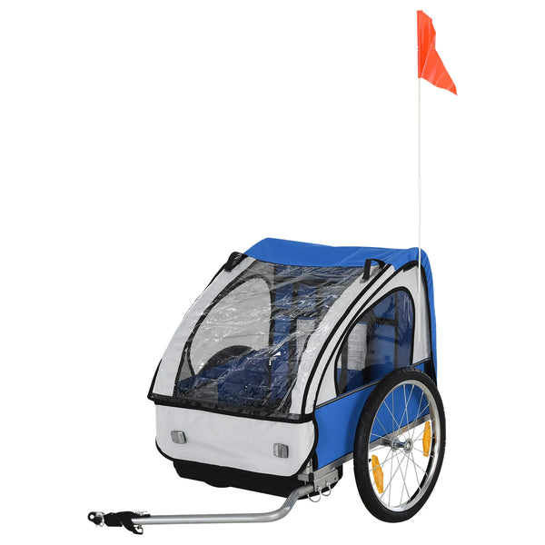 2 Seat Child Bike Trailer with 5 Point Harnesses Steel Frame Oxford Canopy Reflectors and Safety Flags