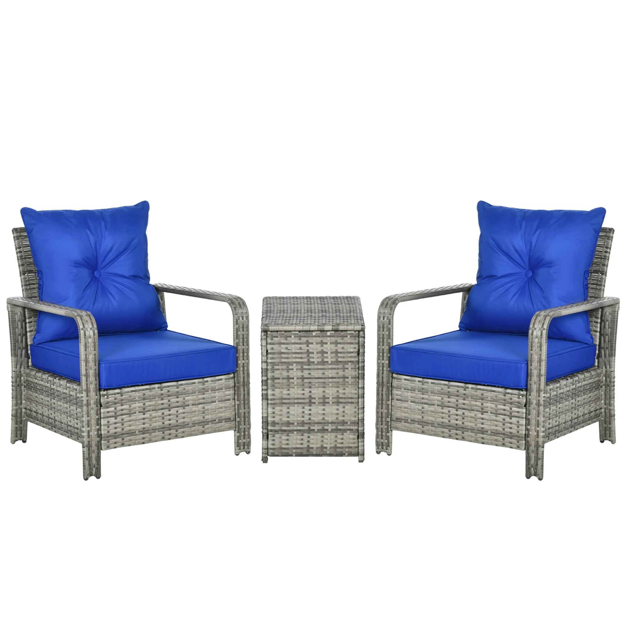3 Piece PE Rattan Garden Sofa Set with 2 Armchairs Storage Coffee Table and Cushions for Outdoor Patio and Garden
