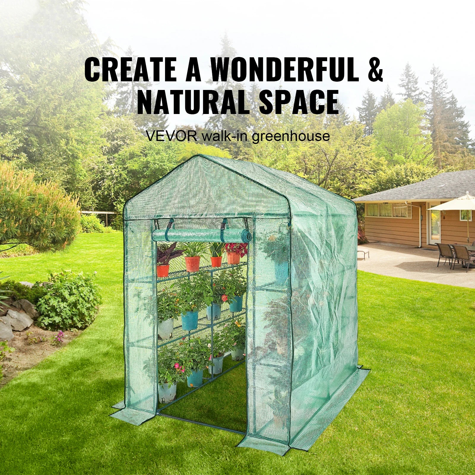 Walk-In Greenhouse with 4 Shelves, Roll-Up Door, UV-Resistant PE Cover and Steel Frame