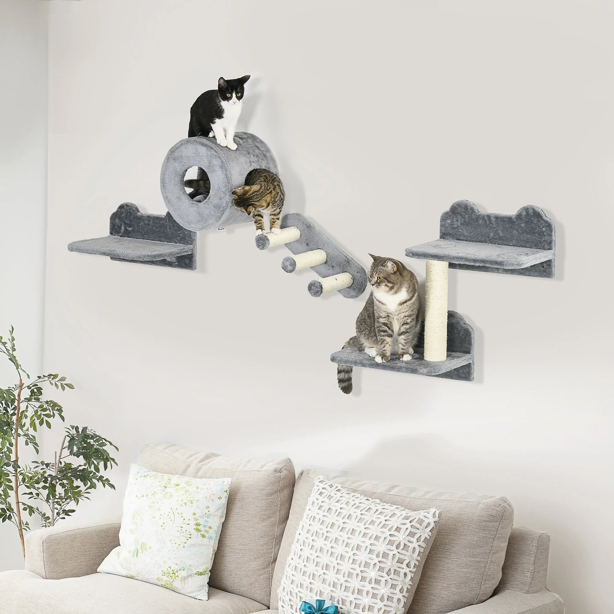 4 Piece Cat Wall Furniture Set with Platforms Steps Cat House Scratching Posts Grey Wall Mounted