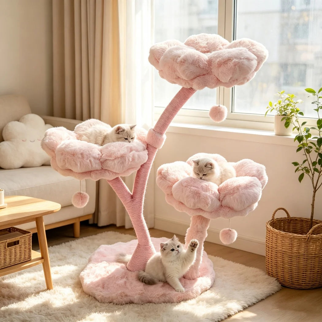 BORWART 105cm Pink Flower Cat Tree Tower Scratching Post Wood Branch Cushioned Bed Hanging Toy