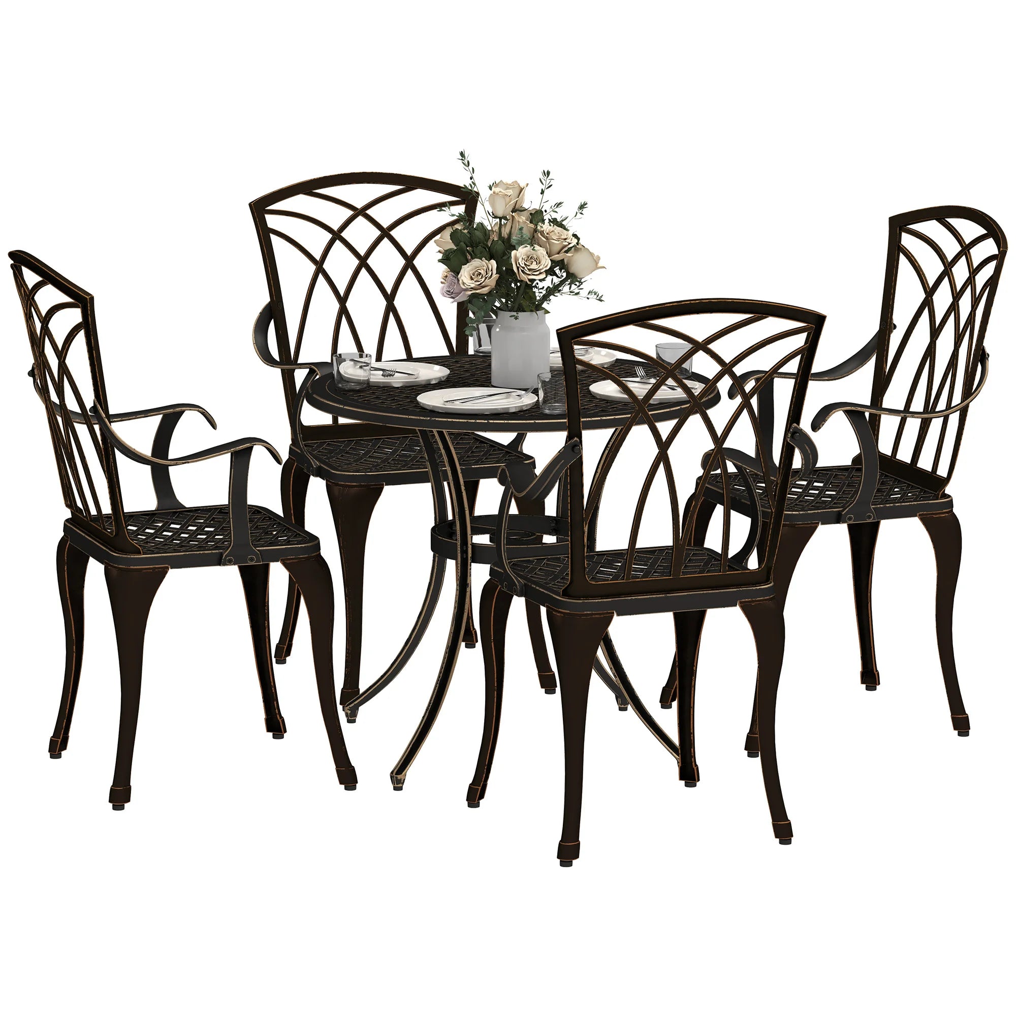 5-Piece Cast Aluminium Garden Dining Set with Round Table, 4 Armchairs and Parasol Hole