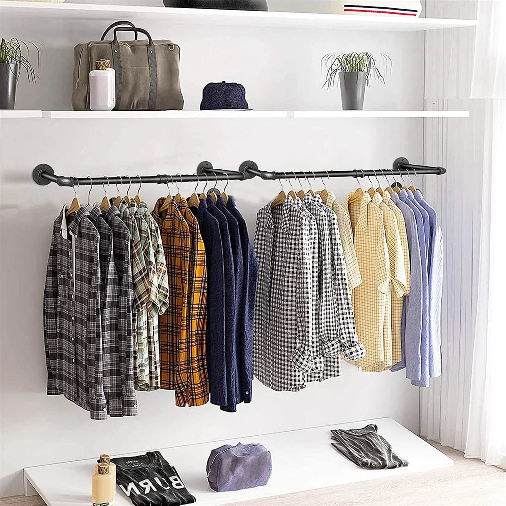 2 Pack Wall Mounted Industrial Pipe Clothes Rail 92cm Metal Garment Hanging Rack with 4 Hooks for Bedroom Living Room