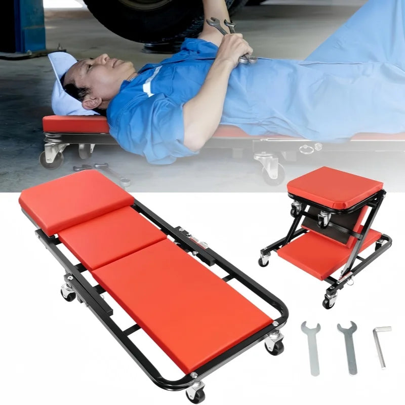 2 in 1 Foldable Garage Creeper Seat with Wheels Adjustable Workshop Stool