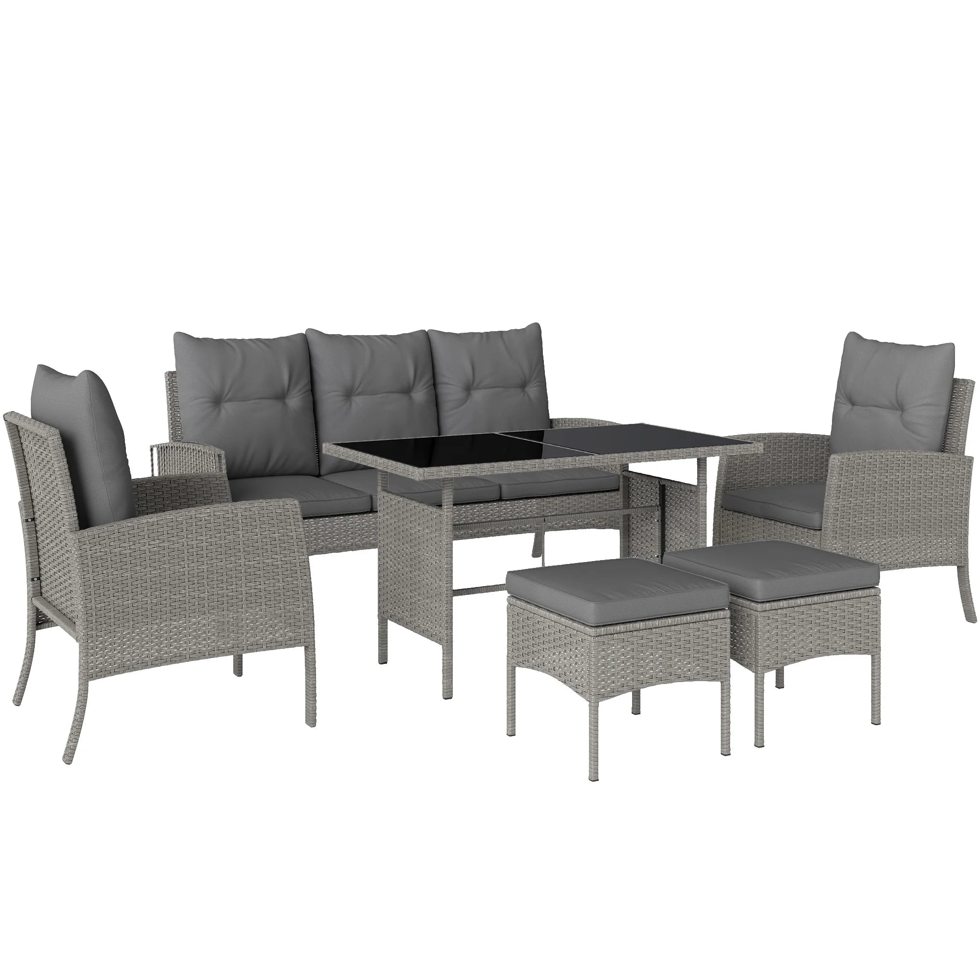 6-Piece Rattan Garden Sofa Set with 3-Seater Sofa, Armchairs, Footstools and Glass Coffee Table