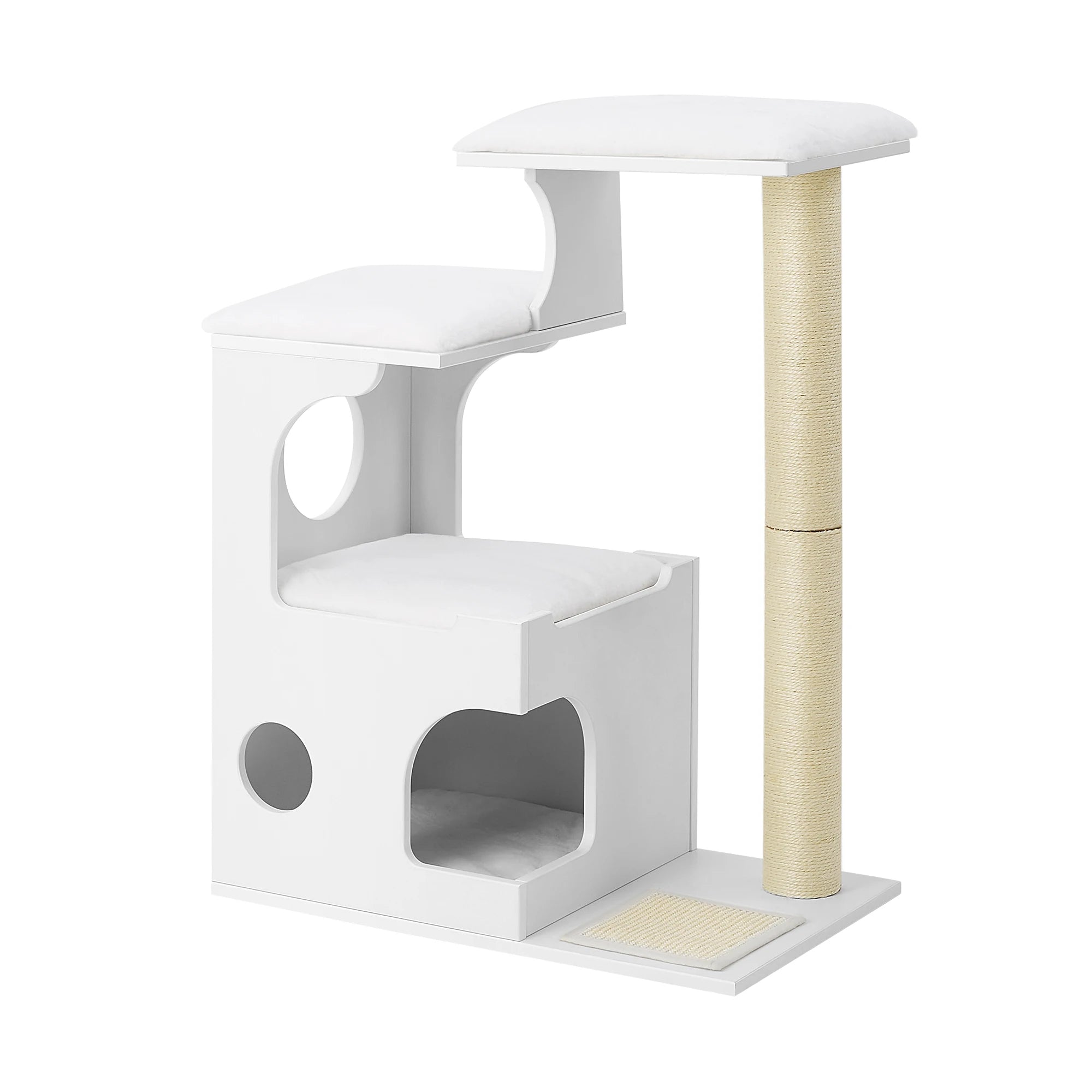 FEANDREA WoodyWonders 86cm Modern Cat Tree Tower Cat Cave 3 Perches Scratching Post Mat White