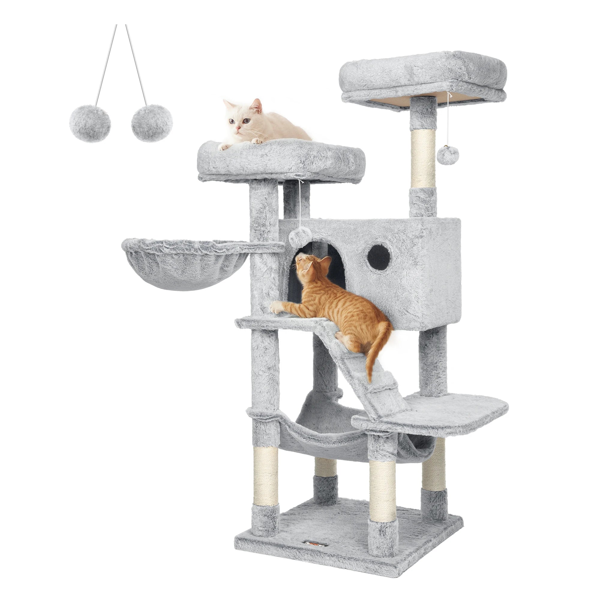 Feandrea 135cm Cat Tree Tower for Large Cats Ultra Soft Plush White Grey with Cave Hammock