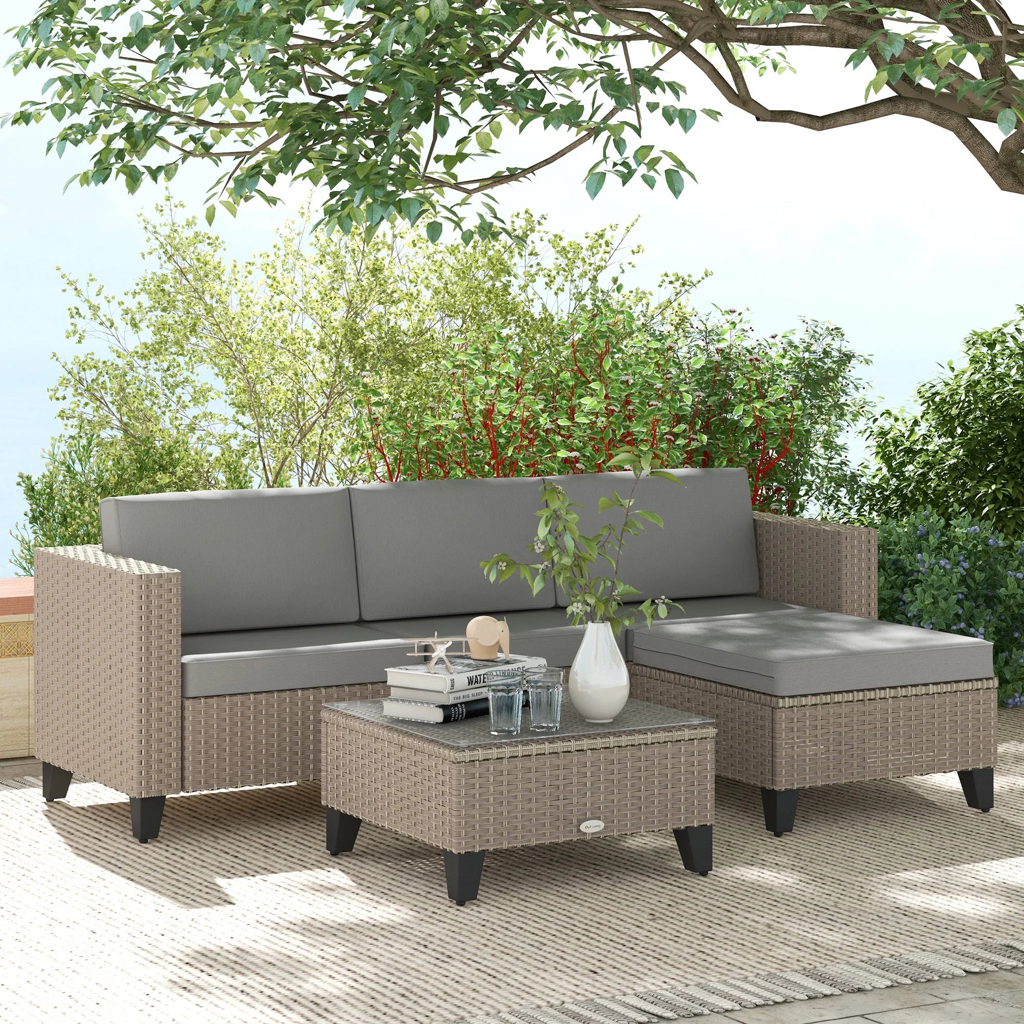 5-Piece PE Rattan Garden Corner Sofa Set with Glass Coffee Table and Footstool