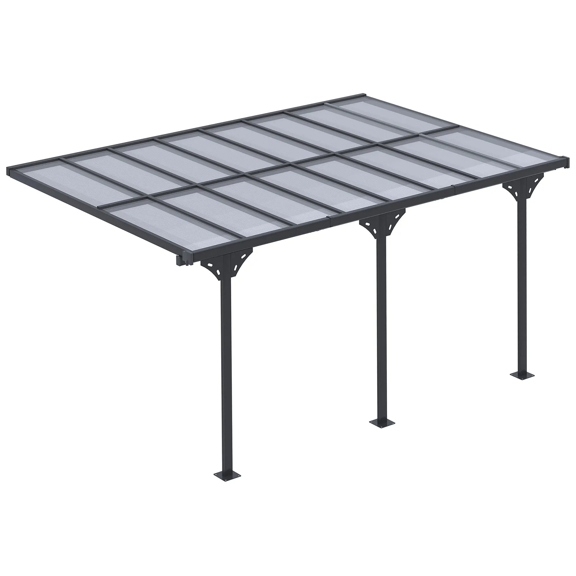 4.35 x 3m Wall-Mounted Aluminium Pergola with Polycarbonate Roof, Adjustable Columns and Drainage