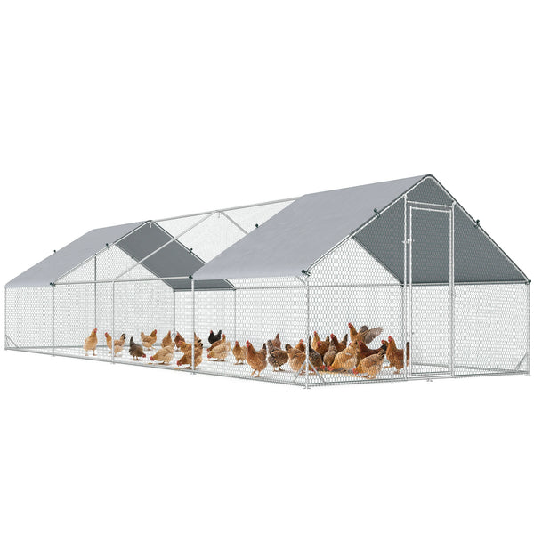 Walk-In Chicken Run Large Galvanised Chicken Coop with Cover, 3 x 8 x 2m