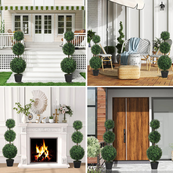 Set of 2 Decorative Artificial Plants Boxwood Trees in Pot, Green