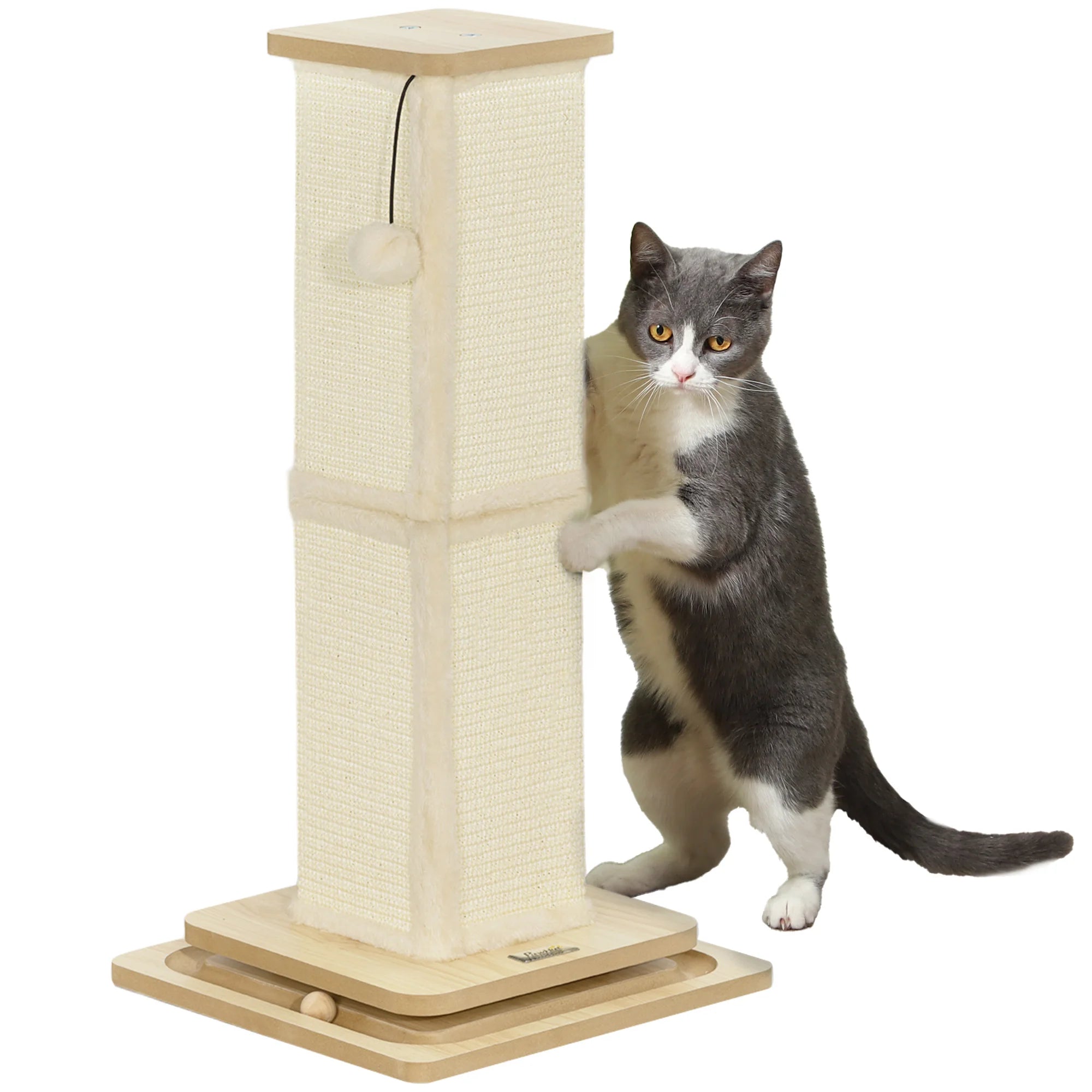 67cm Cat Scratching Post 3-in-1 Cat Scratcher with Track Ball Toy Turntable Rail and Hanging Toy for Indoor Cats